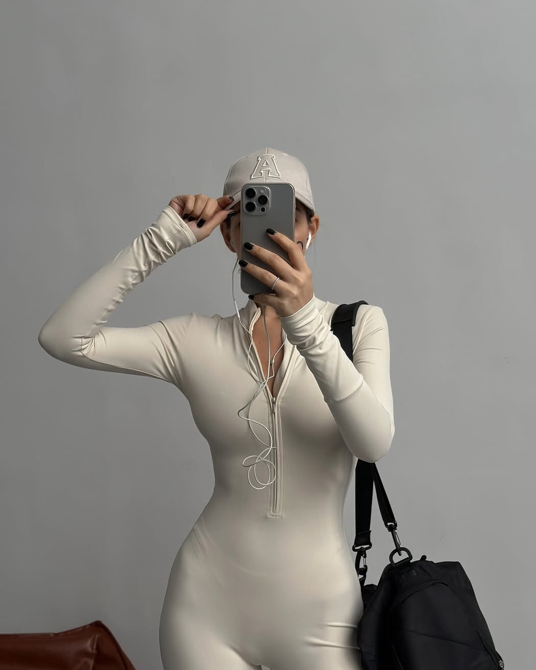 Nova Zip-Front Long-Sleeve Jumpsuit in Ivory