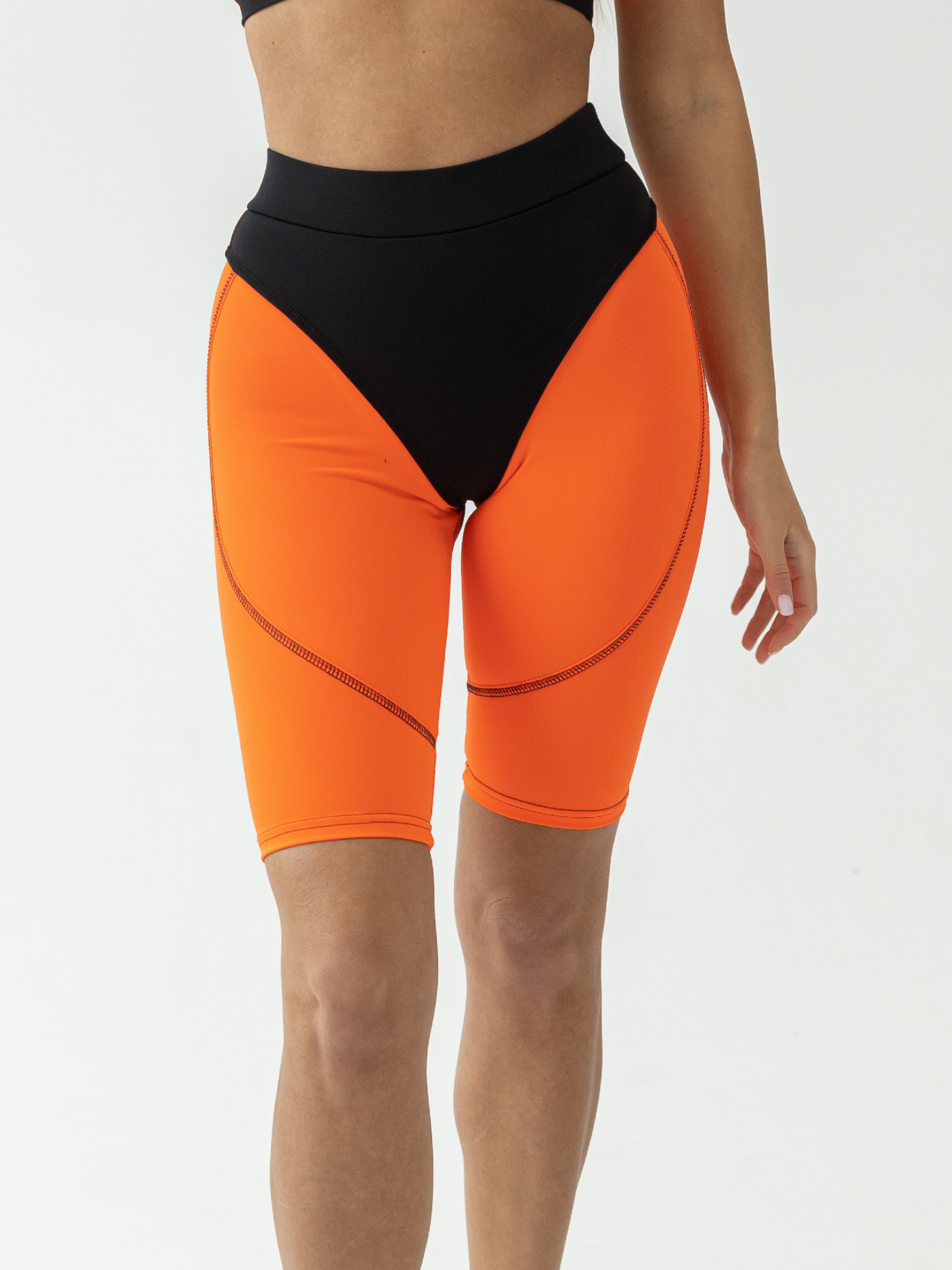 Galaxy Racerback Sports Bra & Push Up Contrast Contour Seam Bike Shorts in Neon Orange