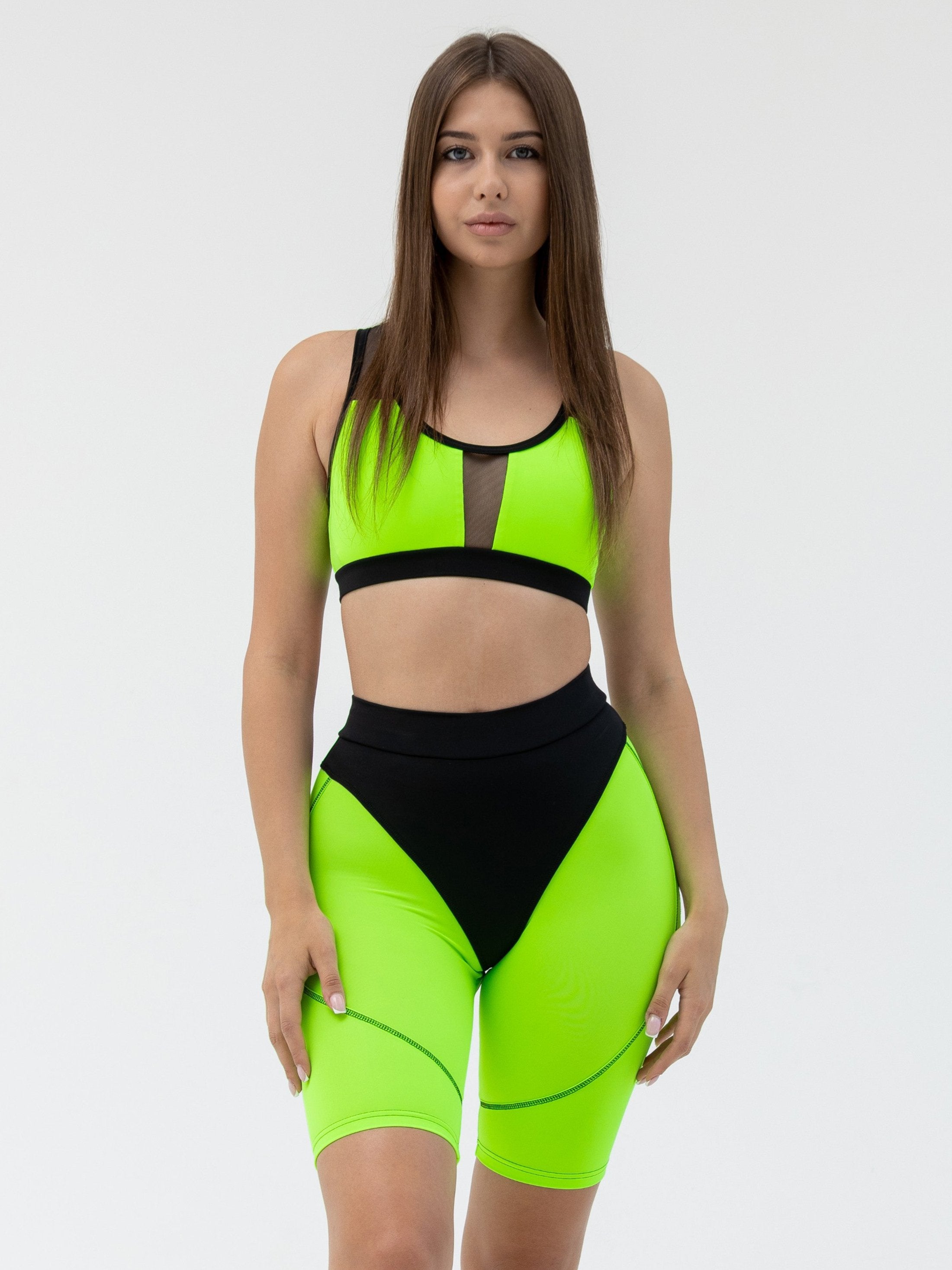 Galaxy Racerback Sports Bra & Push Up Contrast Contour Seam Bike Shorts in Neon Green