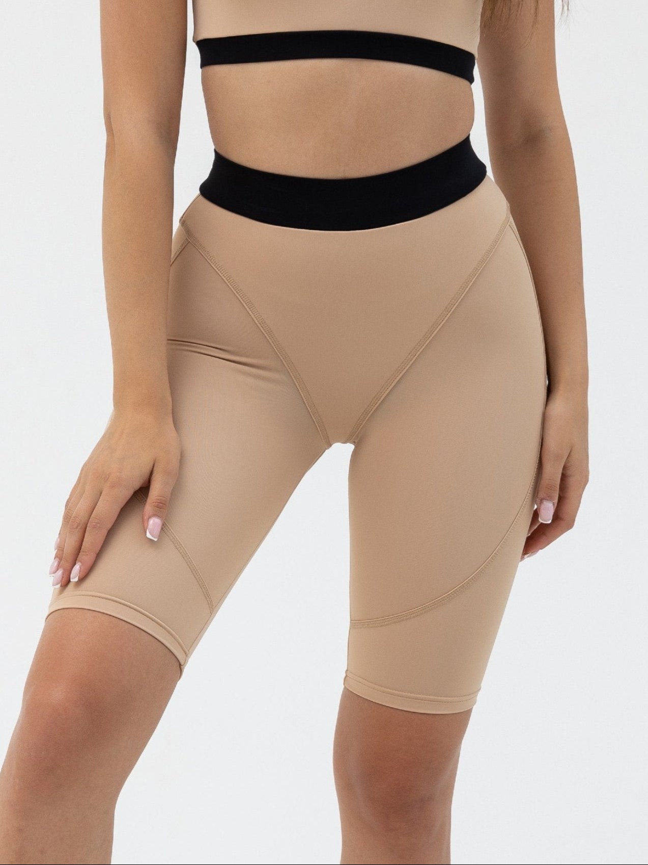 GalaxyX Mesh Insert Sports Bra in Beige & Push Up Contour Seam Bike Shorts in Beige