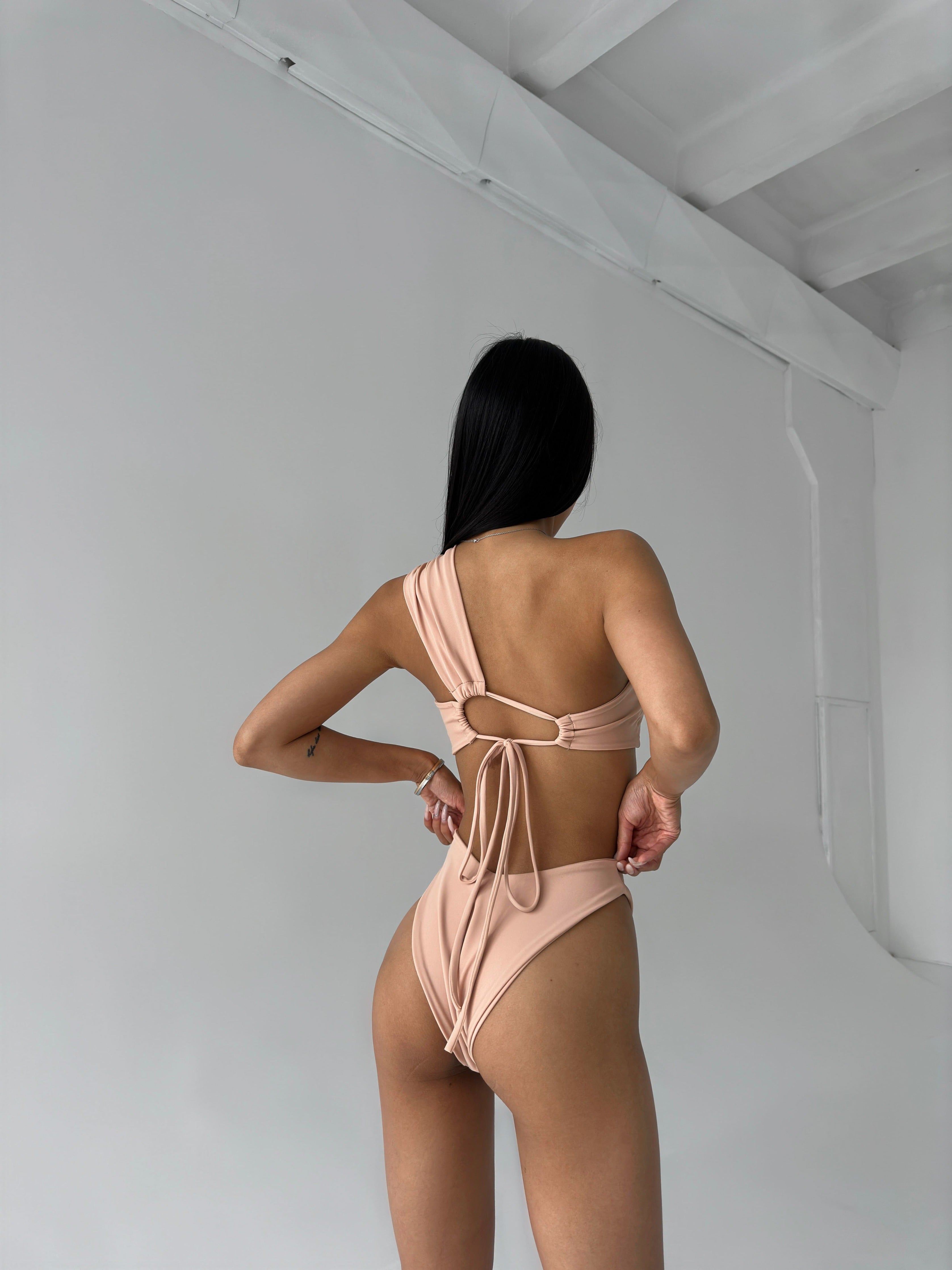 Pearl Bandeau Bikini Set in Beige