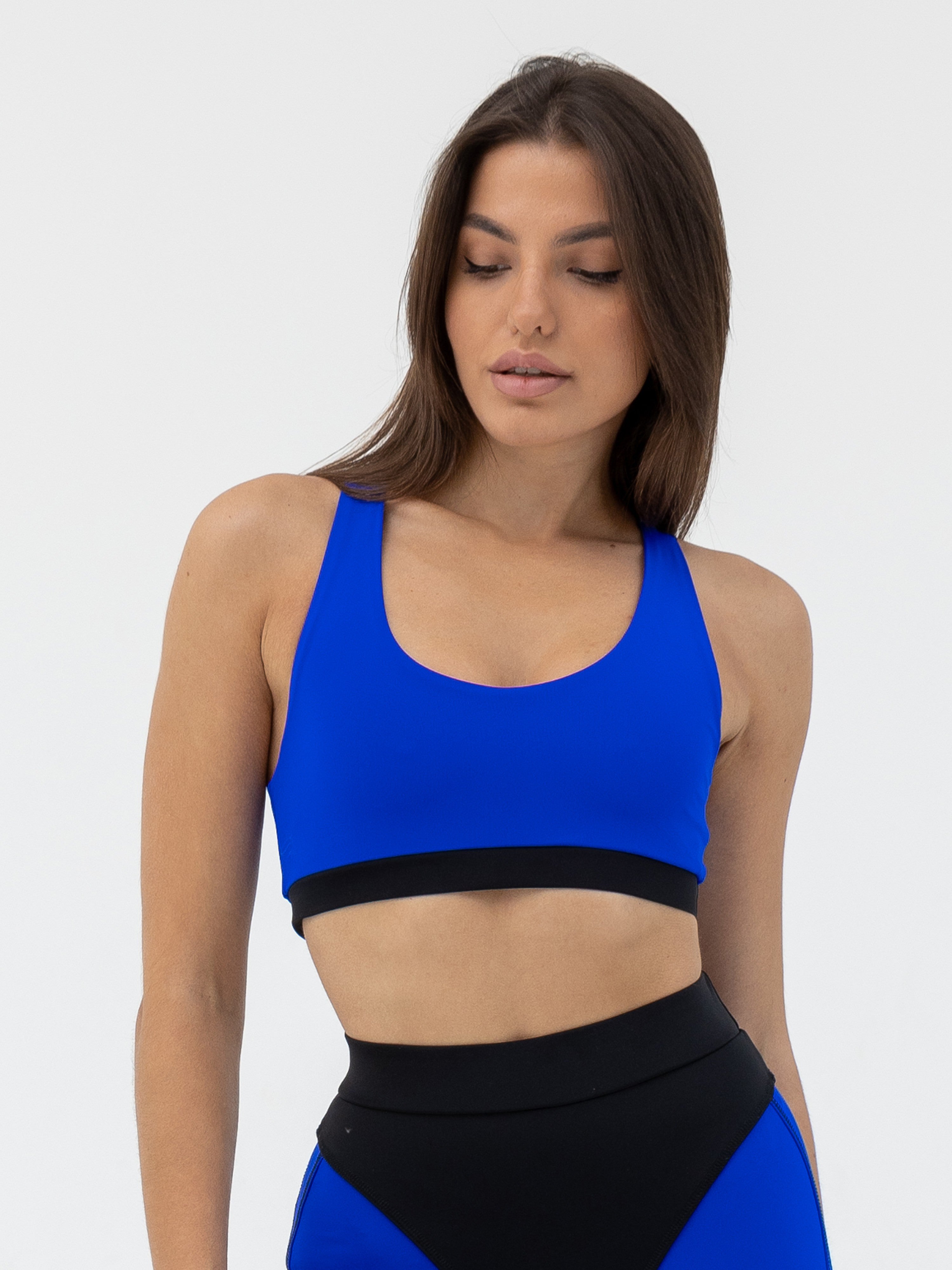 Galaxy Racerback Sports Bra & Push Up Contrast Contour Seam Bike Shorts in Electric Blue