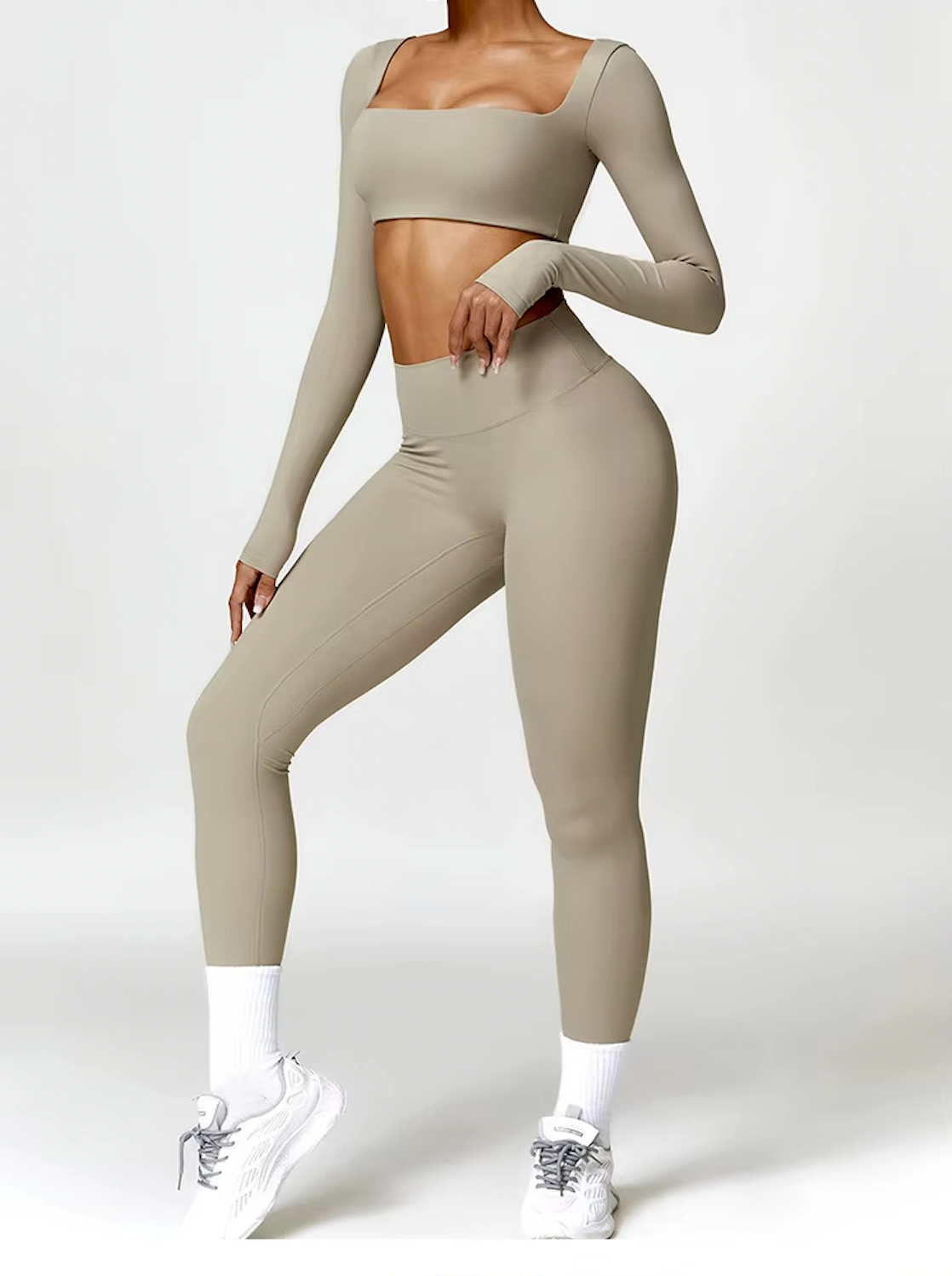 Pantera Long-Sleeve Crop Top & High-Waist Scrunch Leggings in Beige