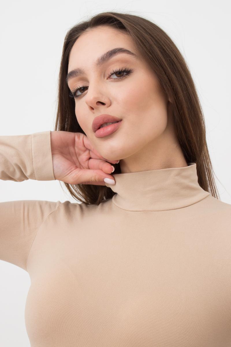 Seamless Turtleneck Long Sleeve Bodysuit in Beige