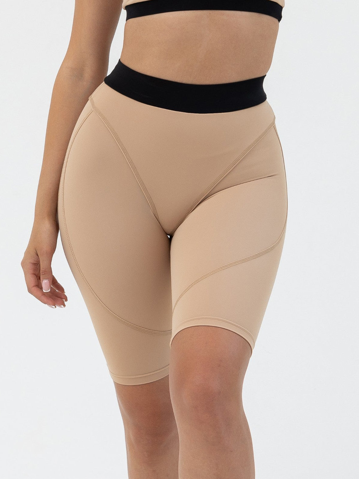 GalaxyX Mesh Insert Sports Bra in Beige & Push Up Contour Seam Bike Shorts in Beige