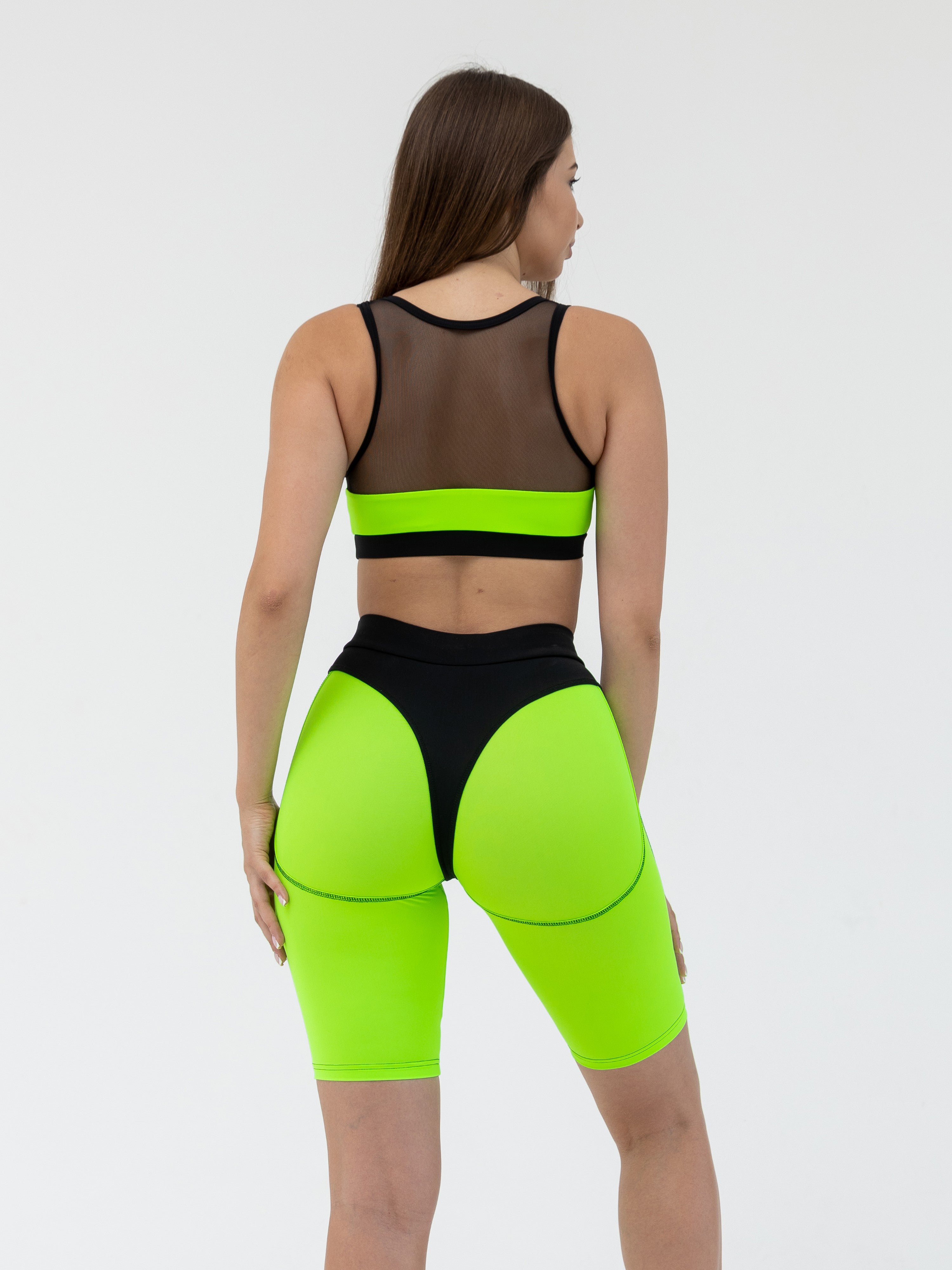 Galaxy Racerback Sports Bra & Push Up Contrast Contour Seam Bike Shorts in Neon Green