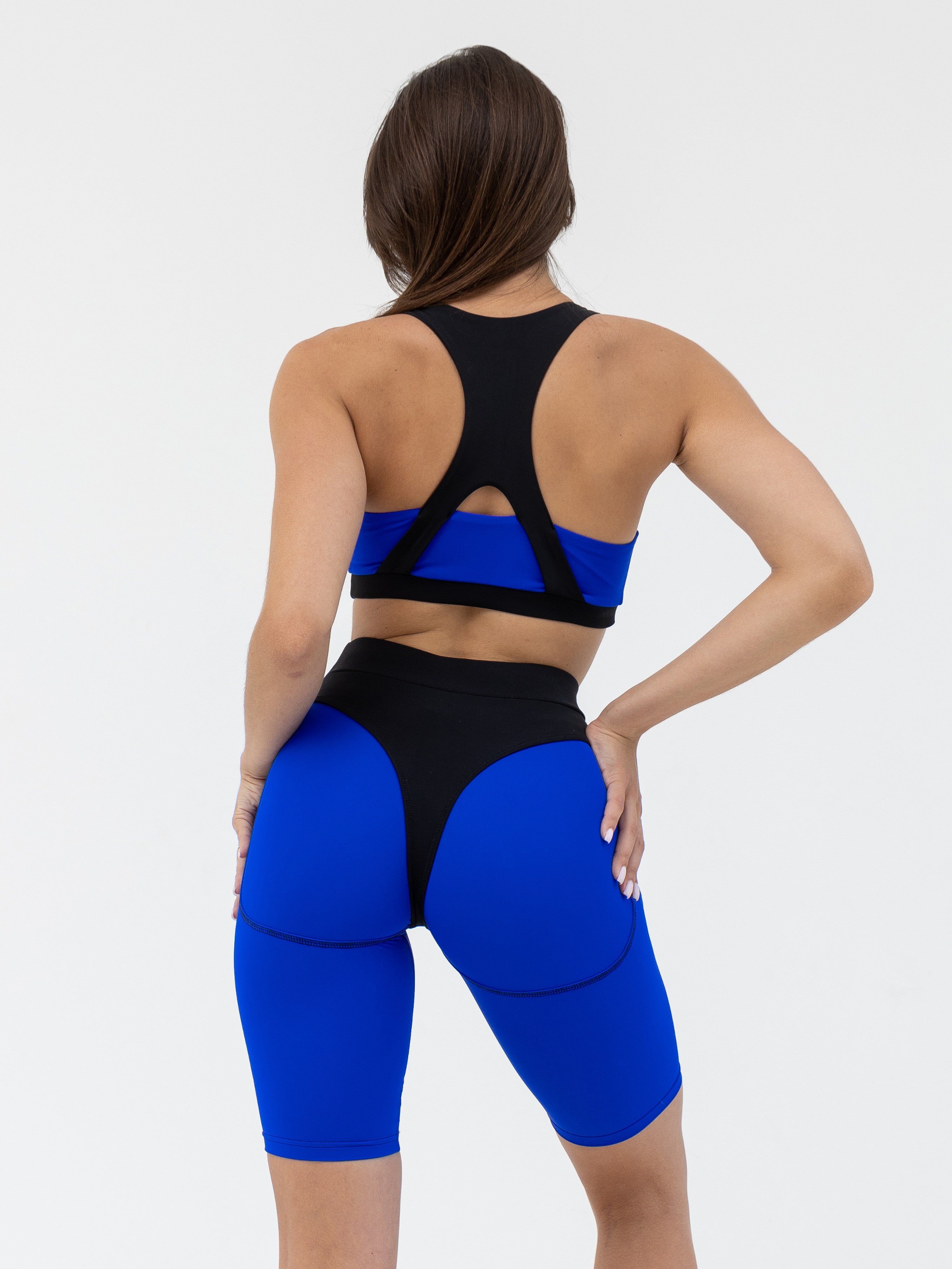 Galaxy Racerback Sports Bra & Push Up Contrast Contour Seam Bike Shorts in Electric Blue