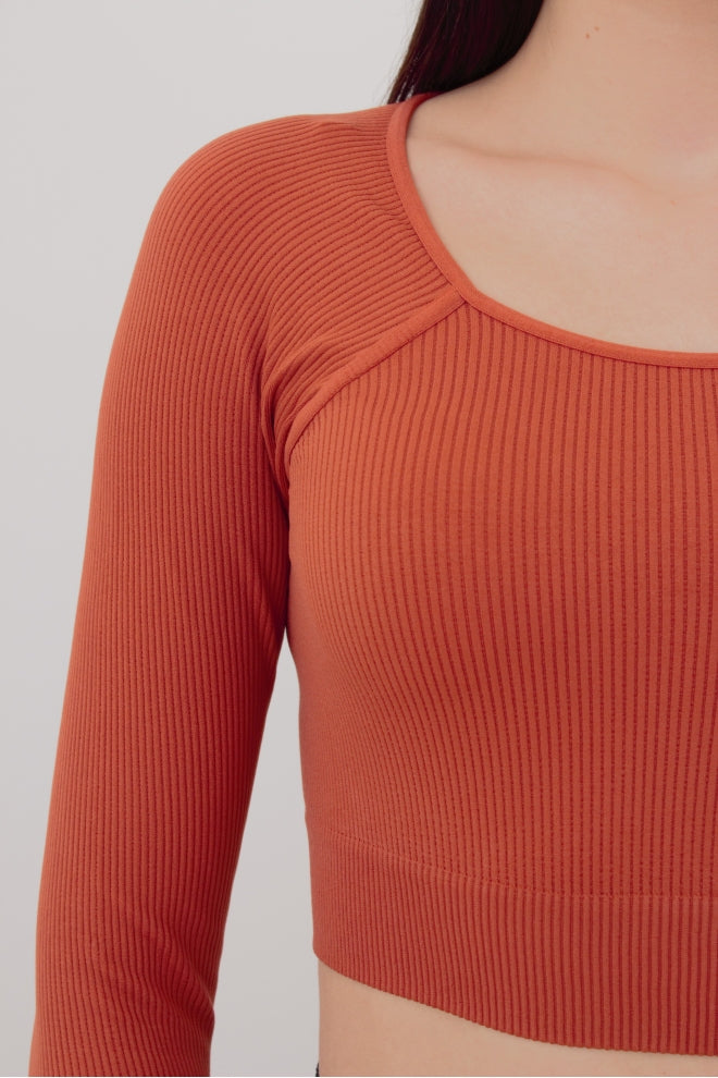 Seamless Ribbed Raglan Long Sleeve Crop Top in Deep Orange