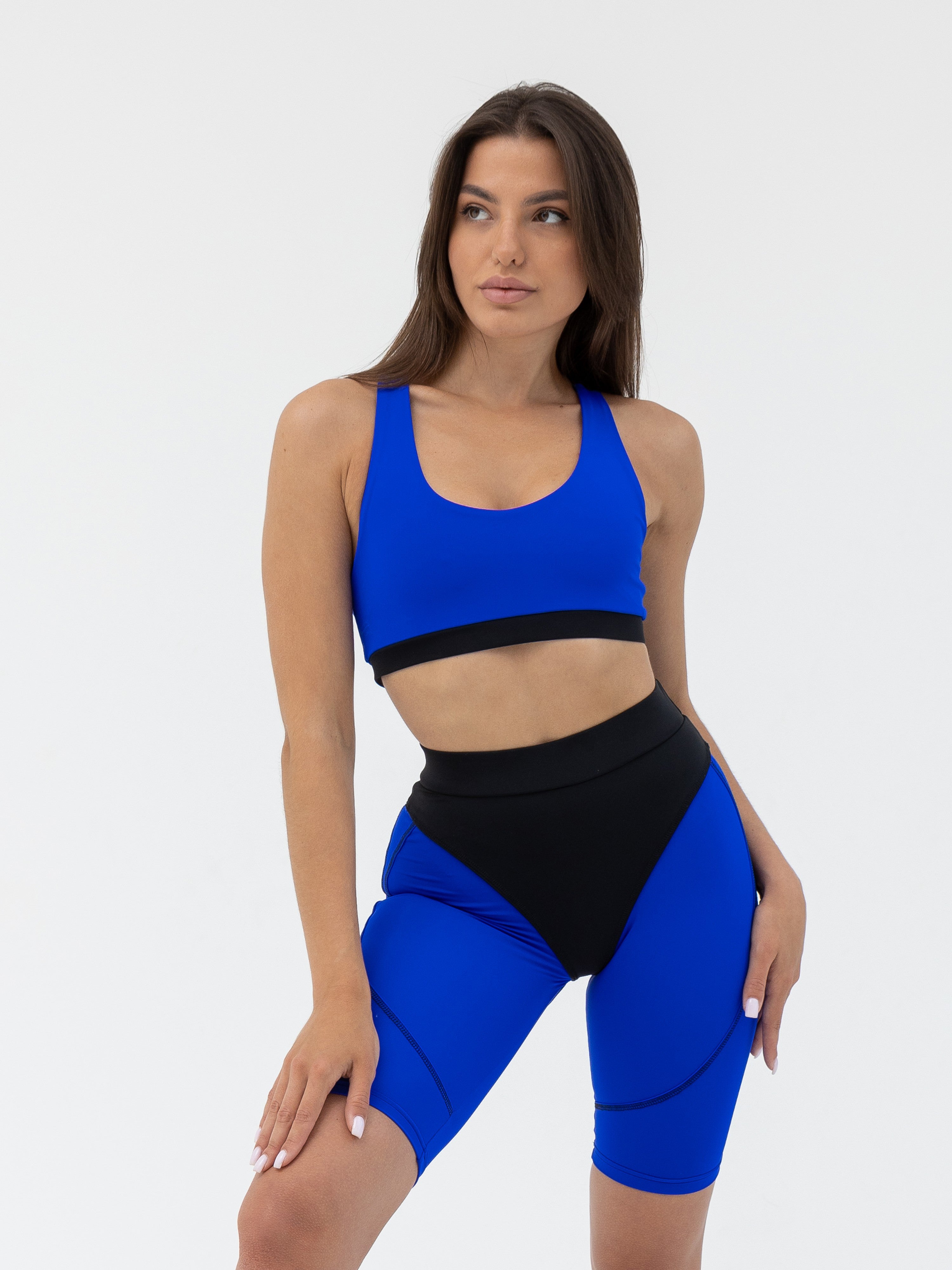 Galaxy Racerback Sports Bra & Push Up Contrast Contour Seam Bike Shorts in Electric Blue