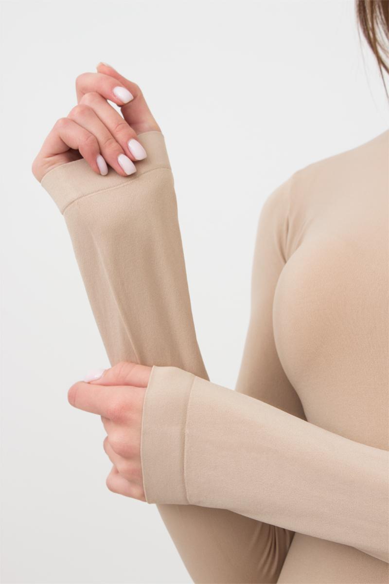 Seamless Turtleneck Long Sleeve Bodysuit in Beige