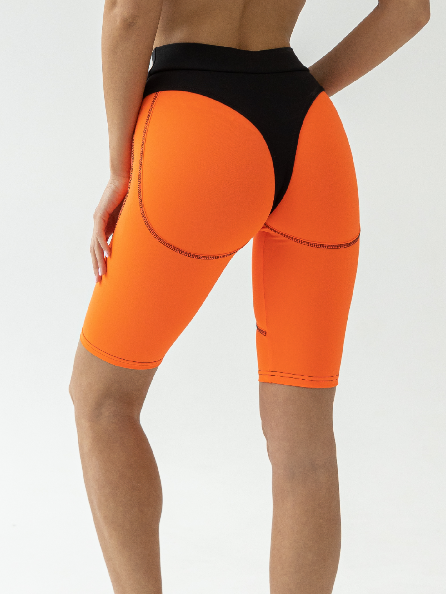 Galaxy Racerback Sports Bra & Push Up Contrast Contour Seam Bike Shorts in Neon Orange