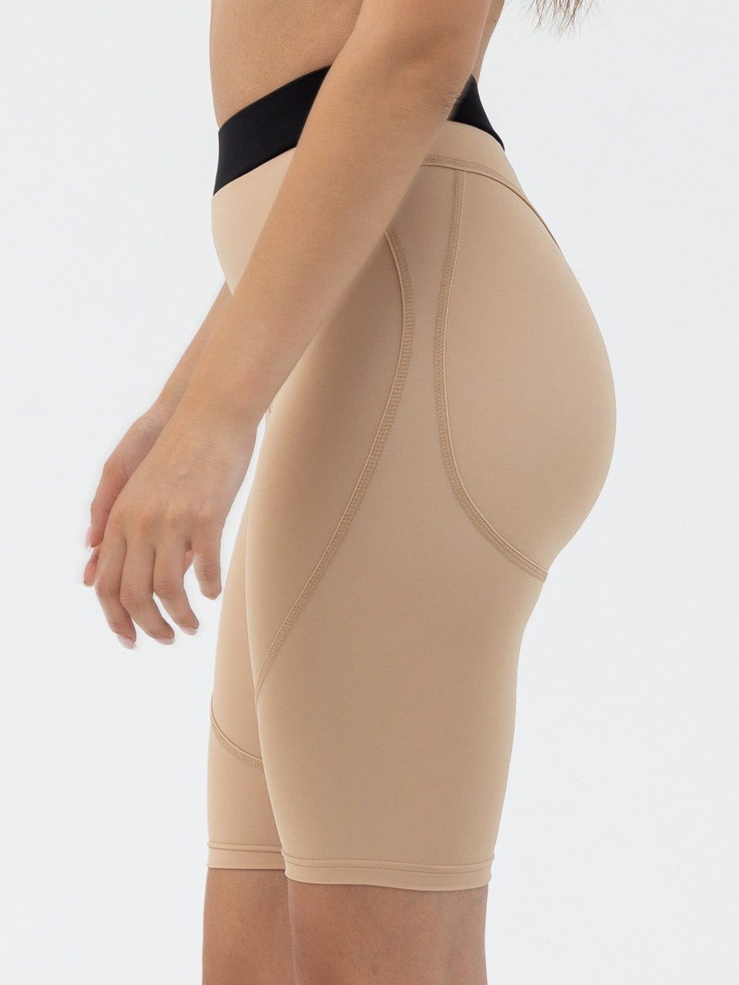 GalaxyX Mesh Insert Sports Bra in Beige & Push Up Contour Seam Bike Shorts in Beige