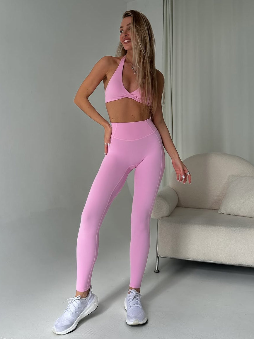 Pantera Halter Top & High-Waist Basic Leggings in Baby Pink