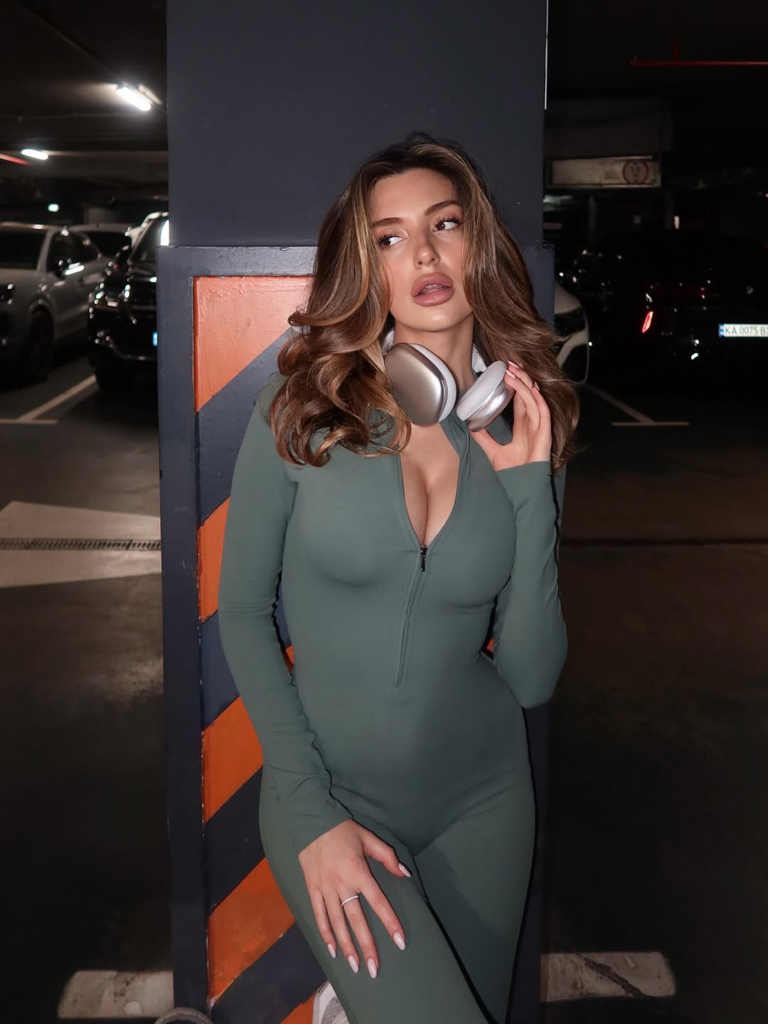 Pantera Zip-Front Long-Sleeve Jumpsuit in Khaki