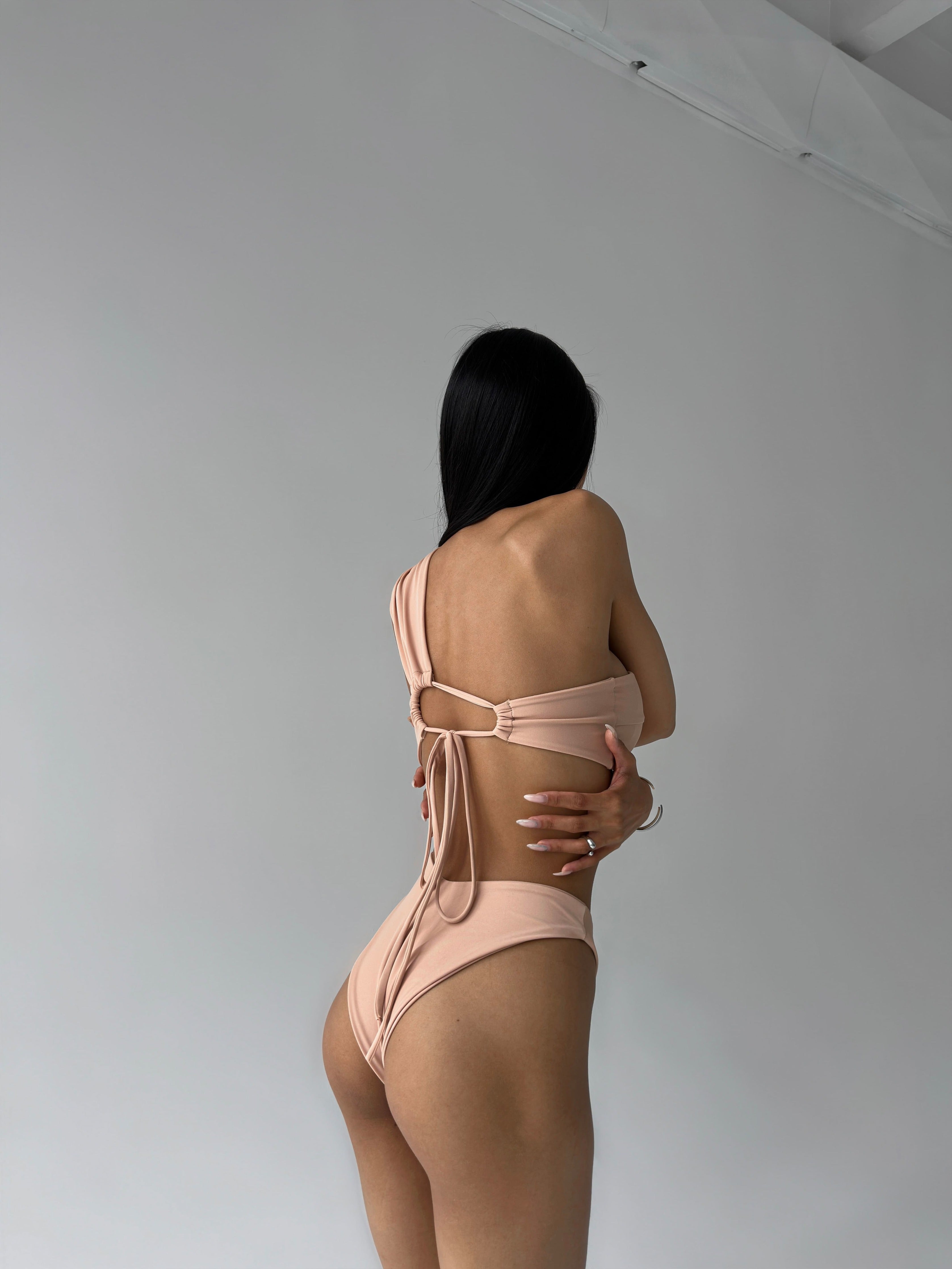 Pearl Bandeau Bikini Set in Beige