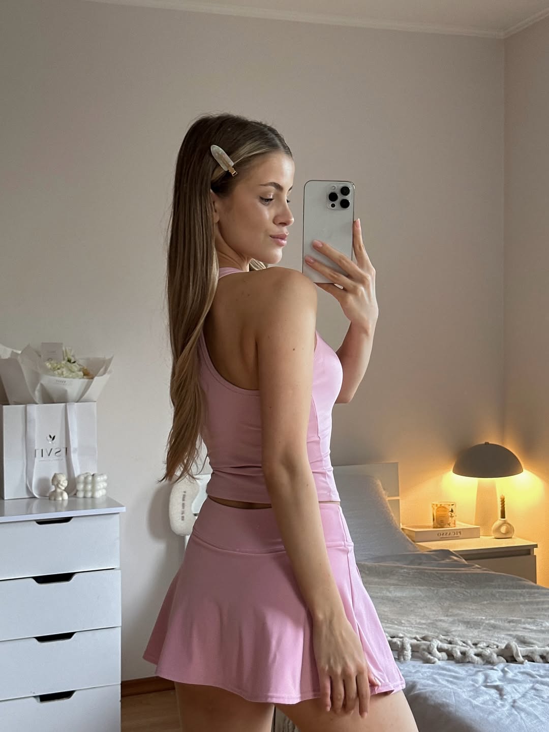 Pantera Square-Neck Tank Top & High-Waist Sports Skort in Baby Pink