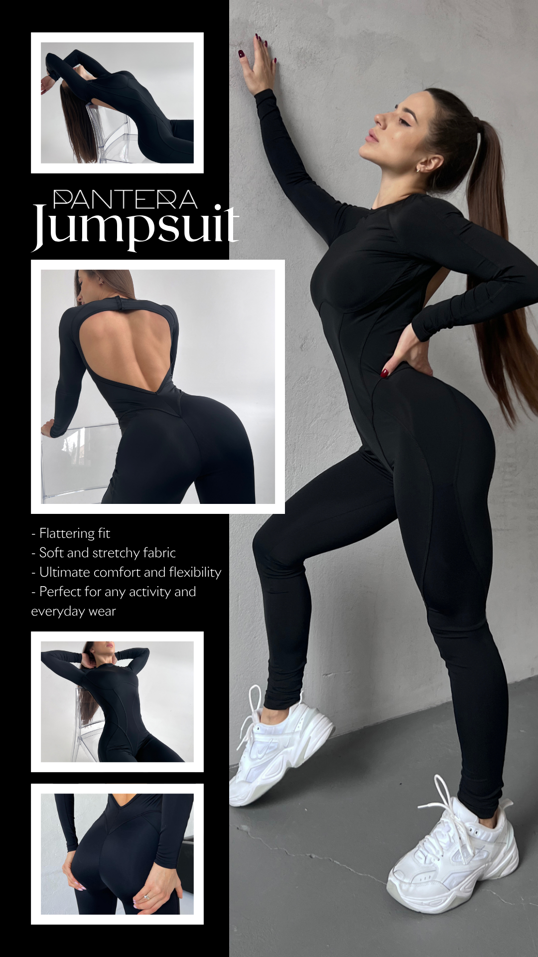 Galaxy Contour Seam Open Back Long Sleeve Jumpsuit in Black – Size M