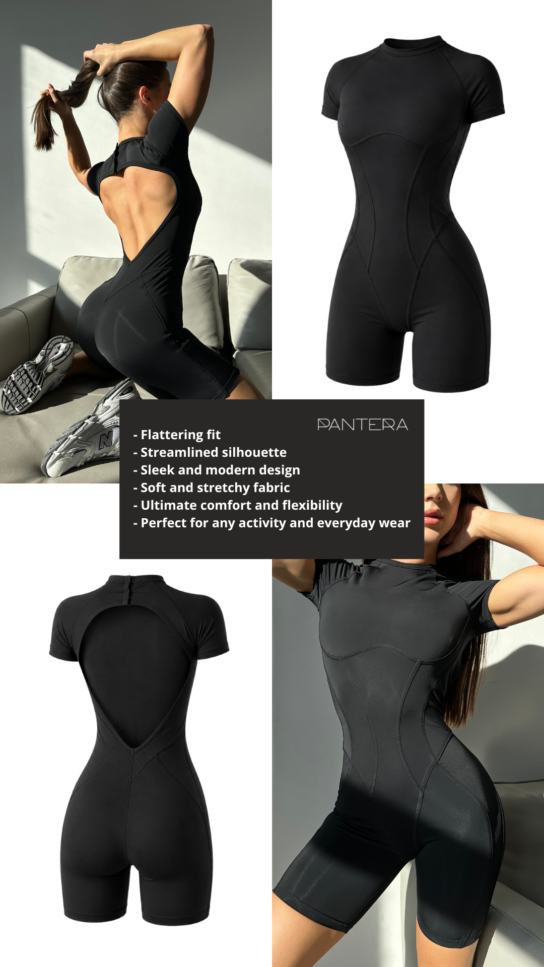 Galaxy Contour Seam Open Back Short Sleeve Jumpsuit in Black