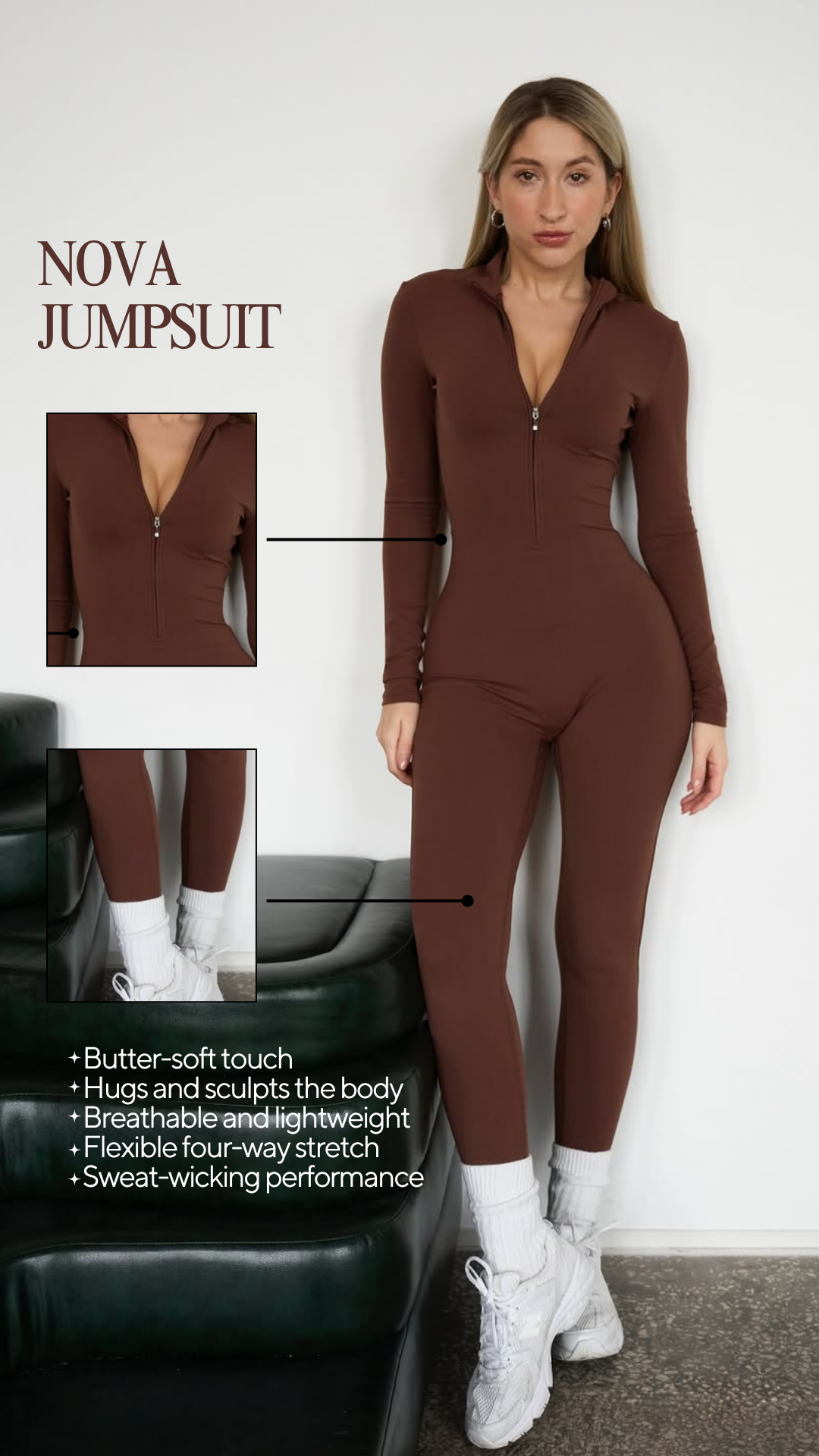 Nova Zip-Front Long-Sleeve Jumpsuit in Brown
