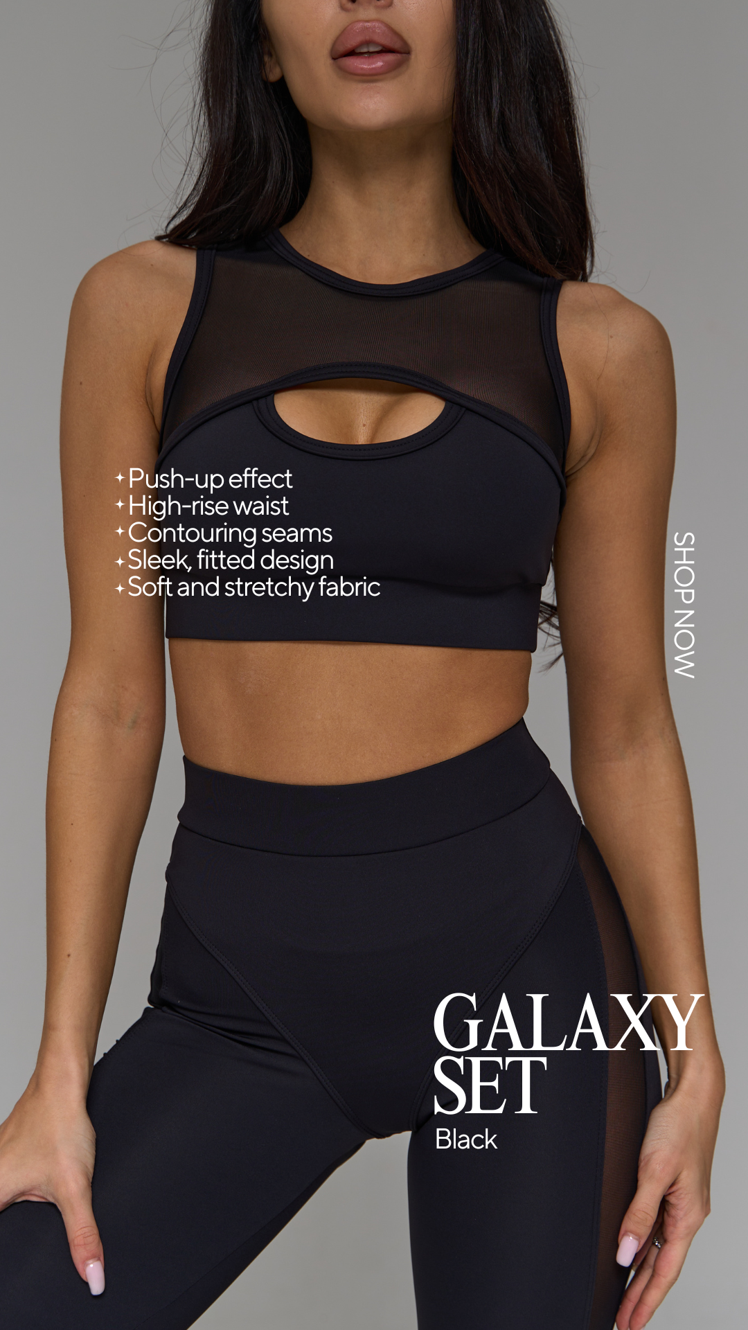 Galaxy Mesh Insert Cut Out Sleeveless Cropped Top in Black