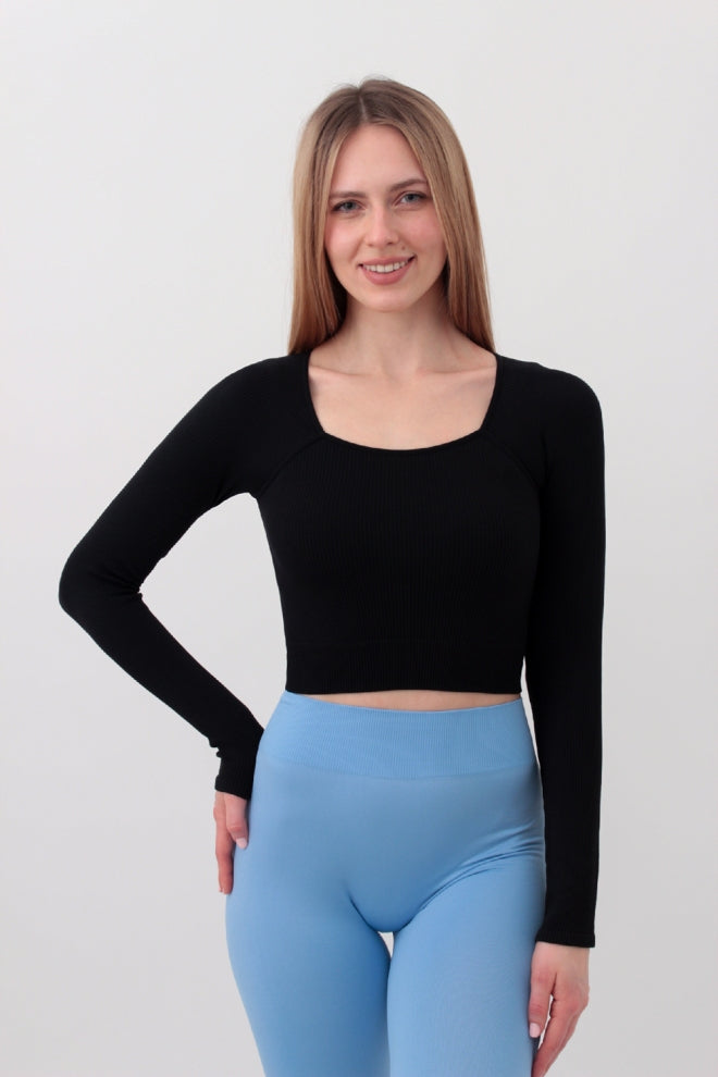 Seamless Ribbed Raglan Long Sleeve Crop Top in Black