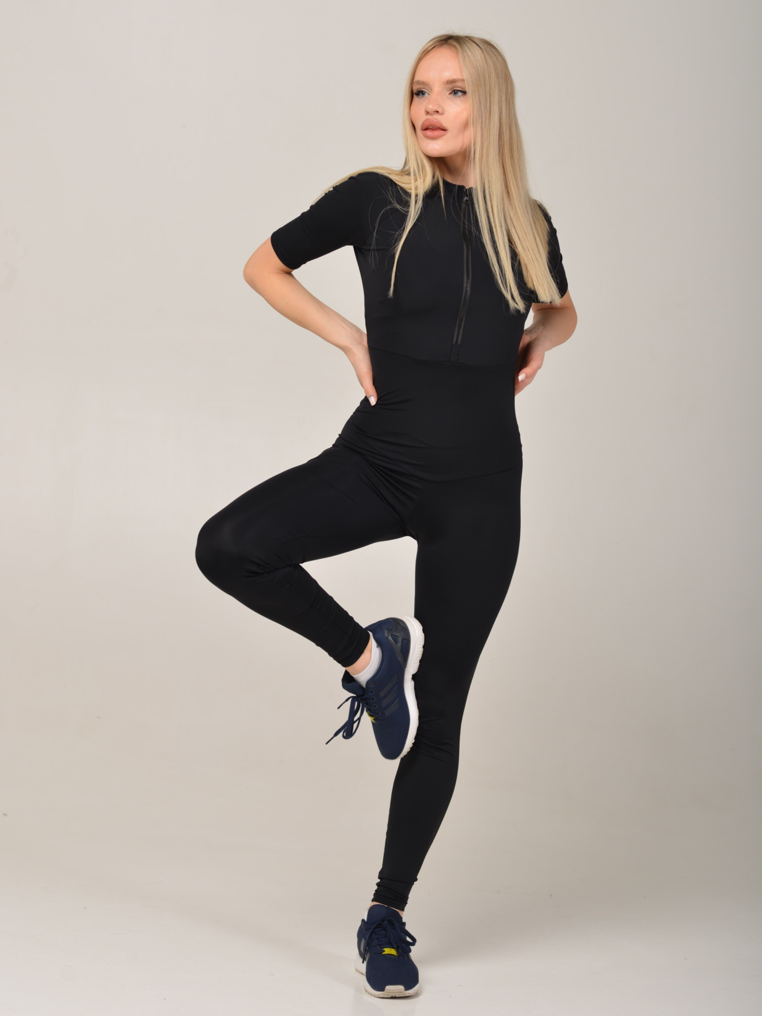 Streamline Short-Sleeve Zip-Up Jumpsuit in Black