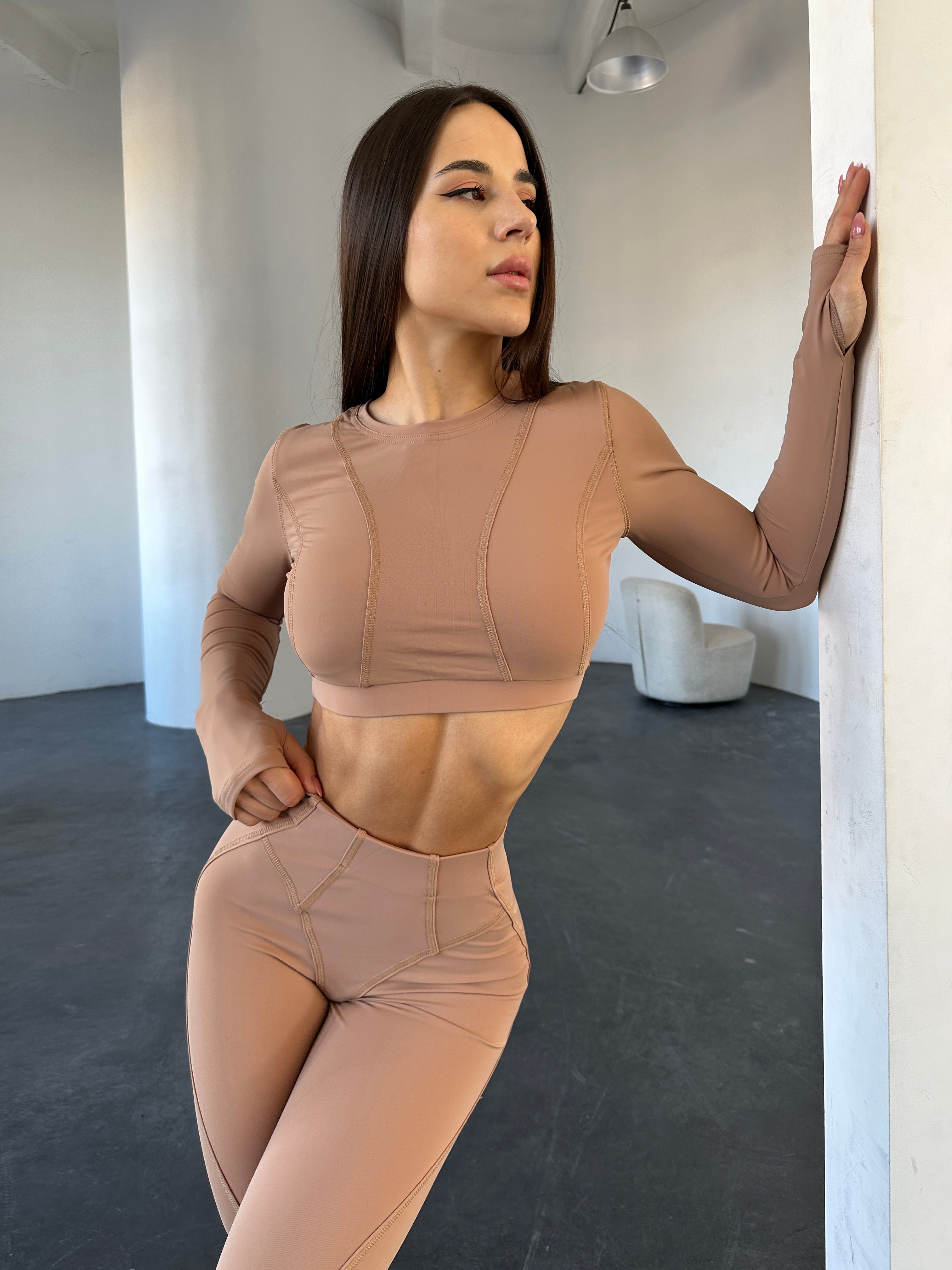 Galaxy Sculpt Decorative Seam Leggings in Beige