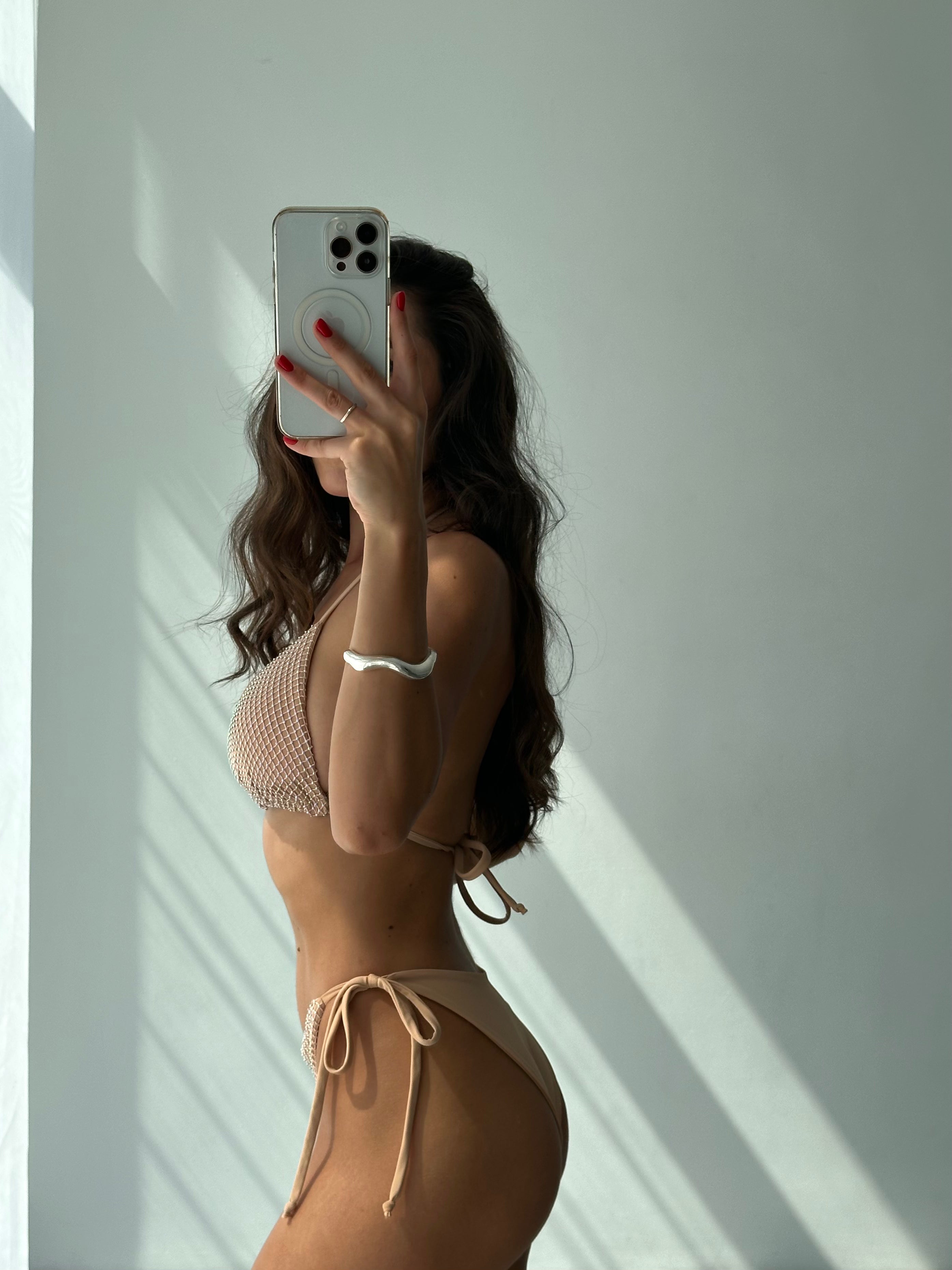 Ariel Crystal Fishnet Mesh Triangle Bikini Set in Beige