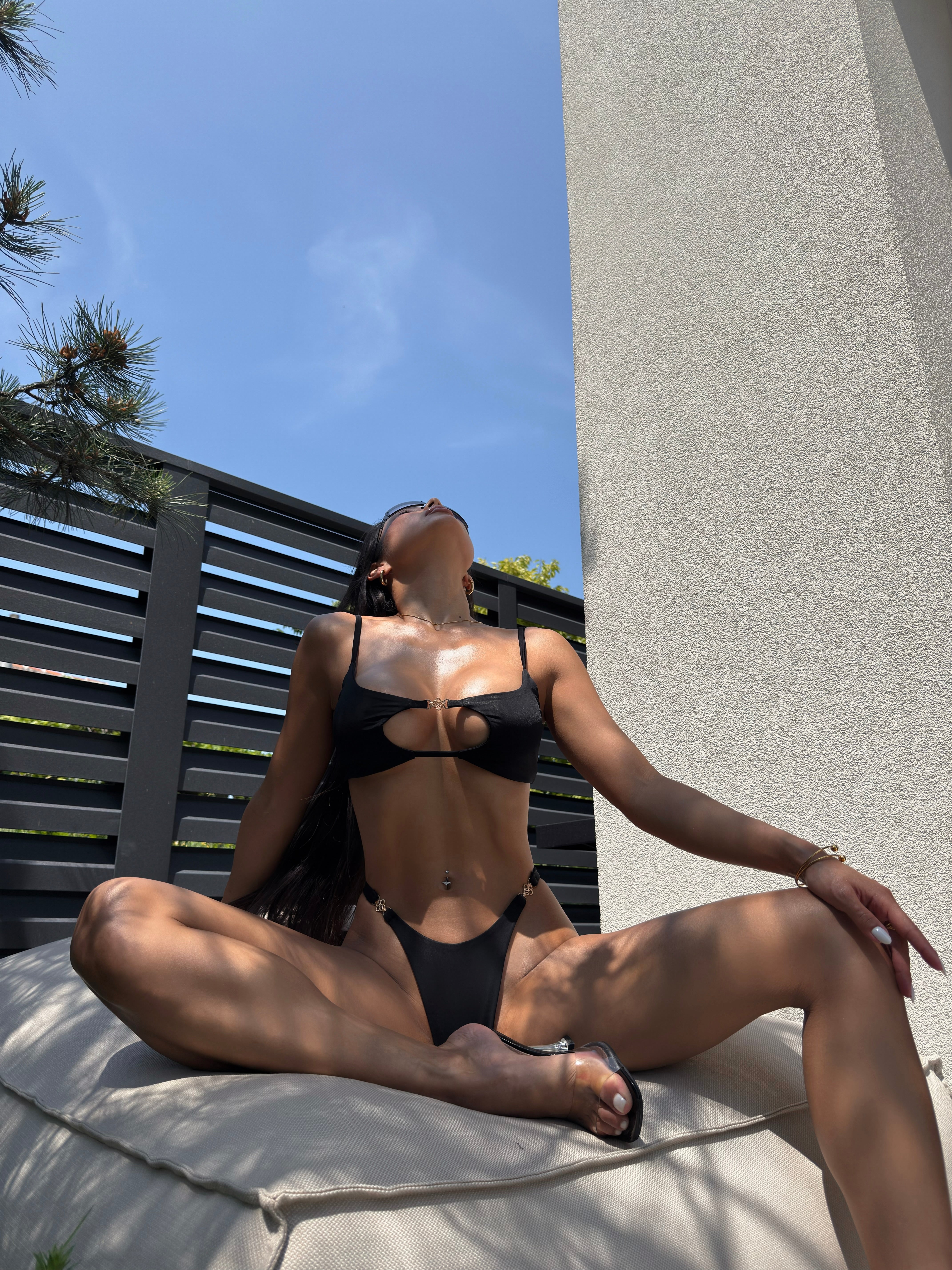 Desire Cut Out Bust Criss Cross Back Bikini Set in Black