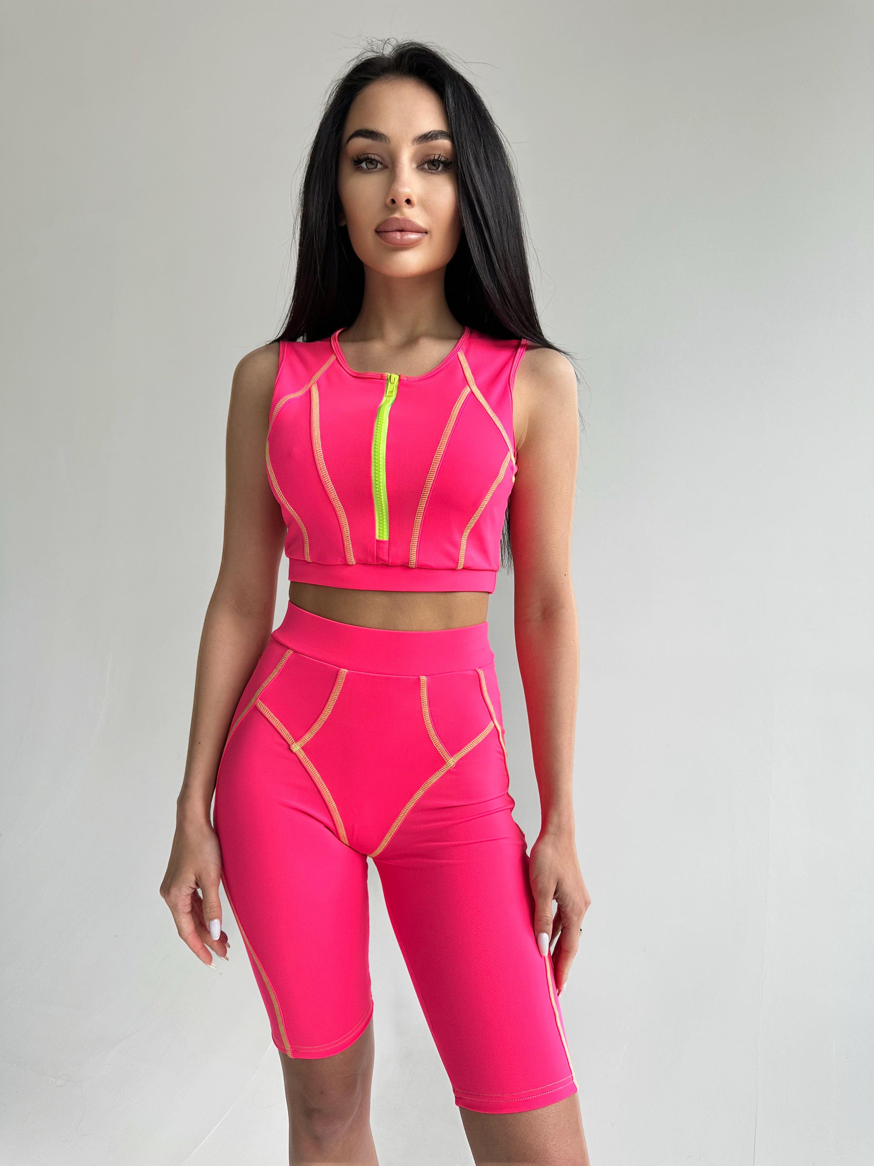 Galaxy Zip Contour Sleeveless Cropped Top in Neon Pink & Green
