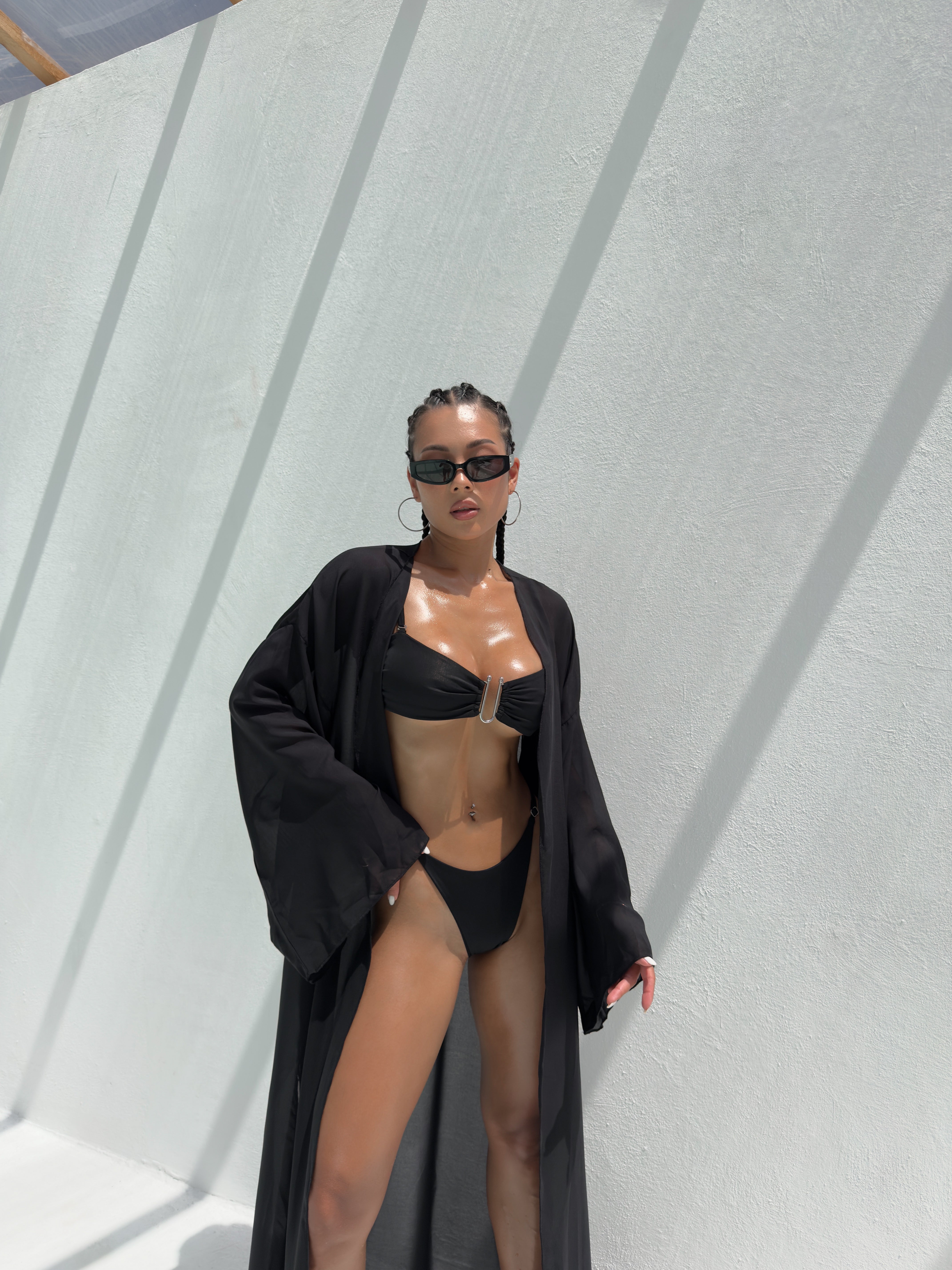 Cherry U Ring Detail Bandeau Bikini Set in Black