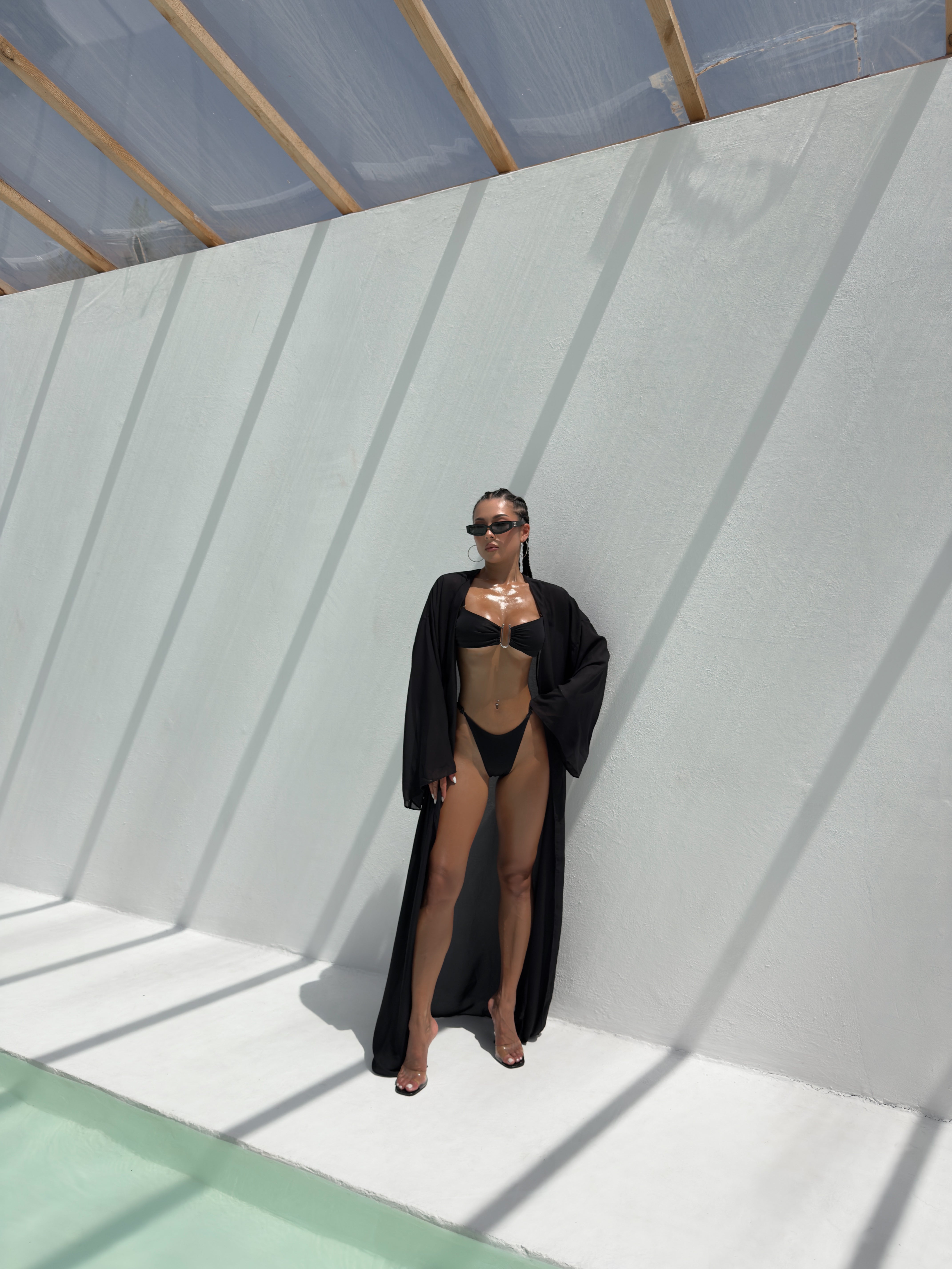 Cherry U Ring Detail Bandeau Bikini Set in Black