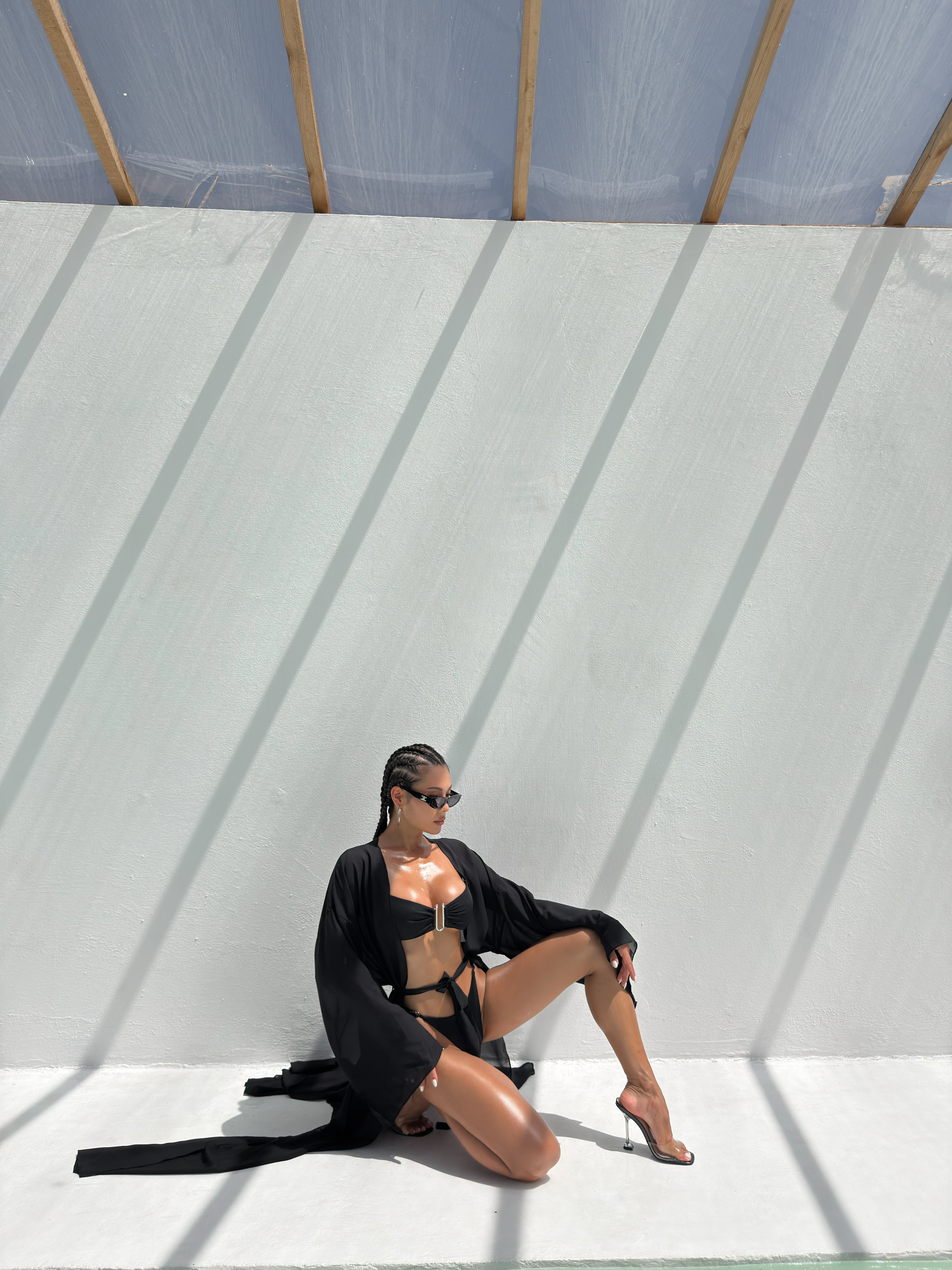 Cherry U Ring Detail Bandeau Bikini Set in Black