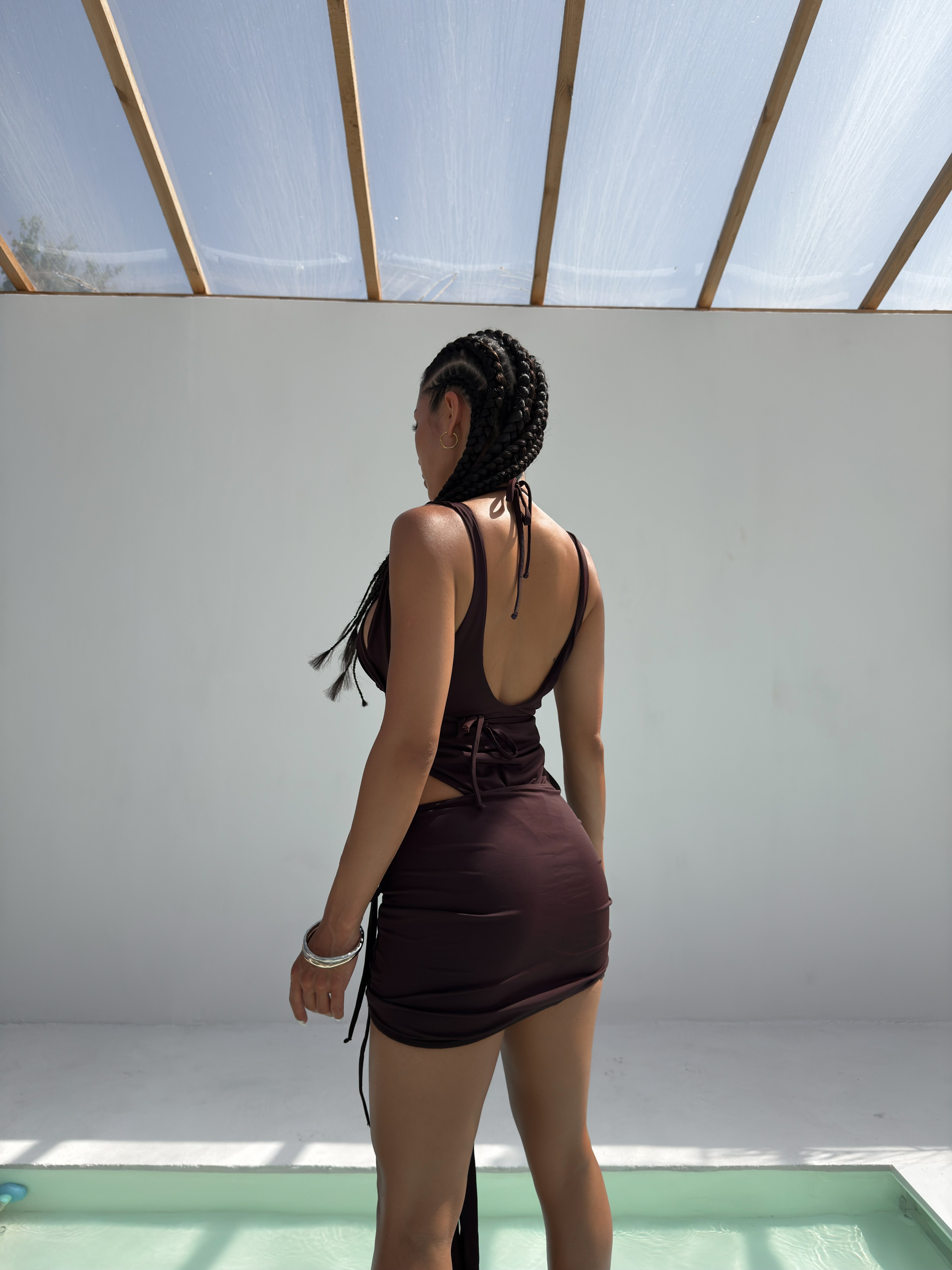 Aperol 4-Piece Bikini Set with Topless One Piece and Sarong in Chocolate