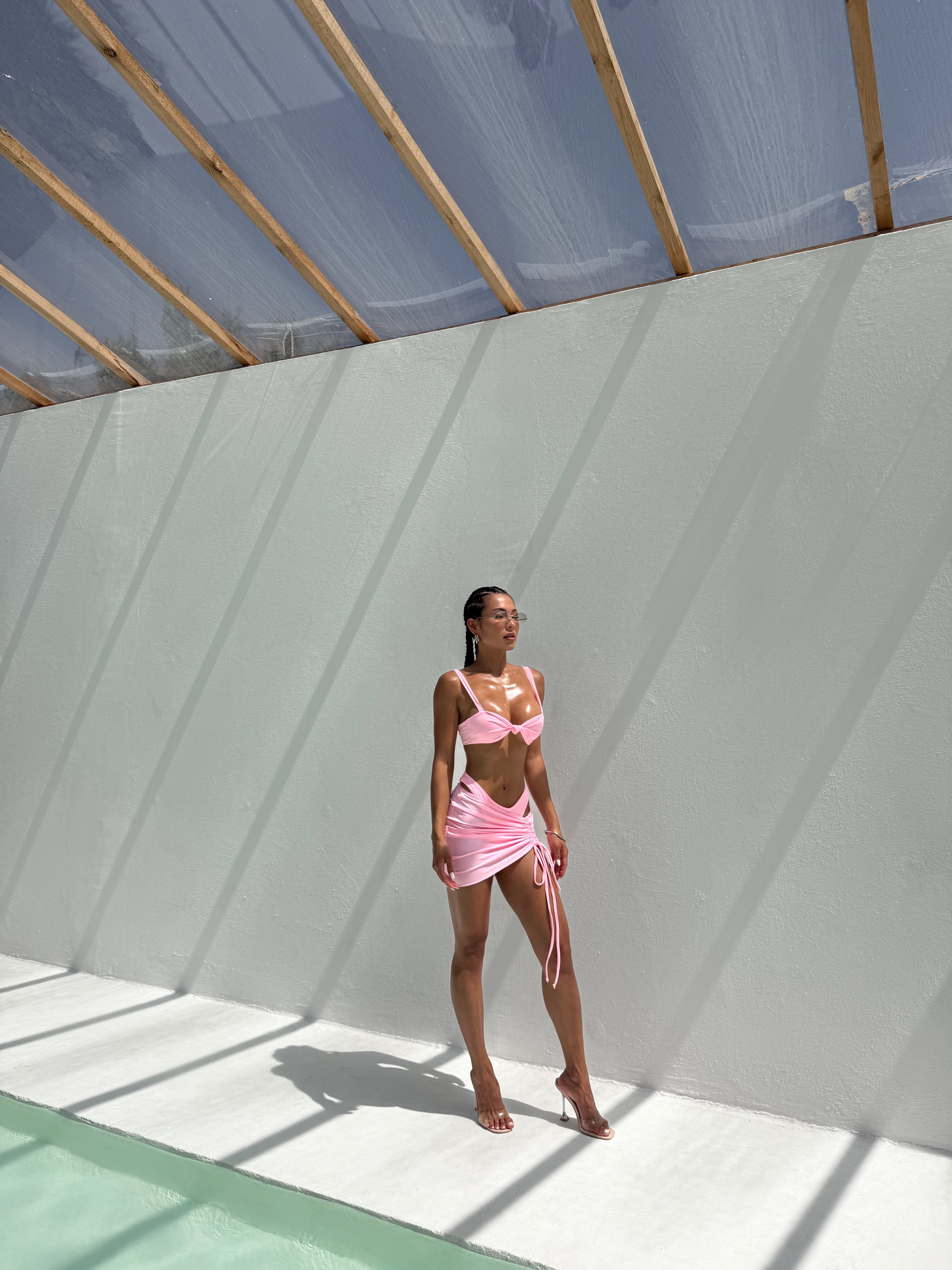 Monaco 3-Piece Knot Front Beach Skirt Bikini Set in Pink