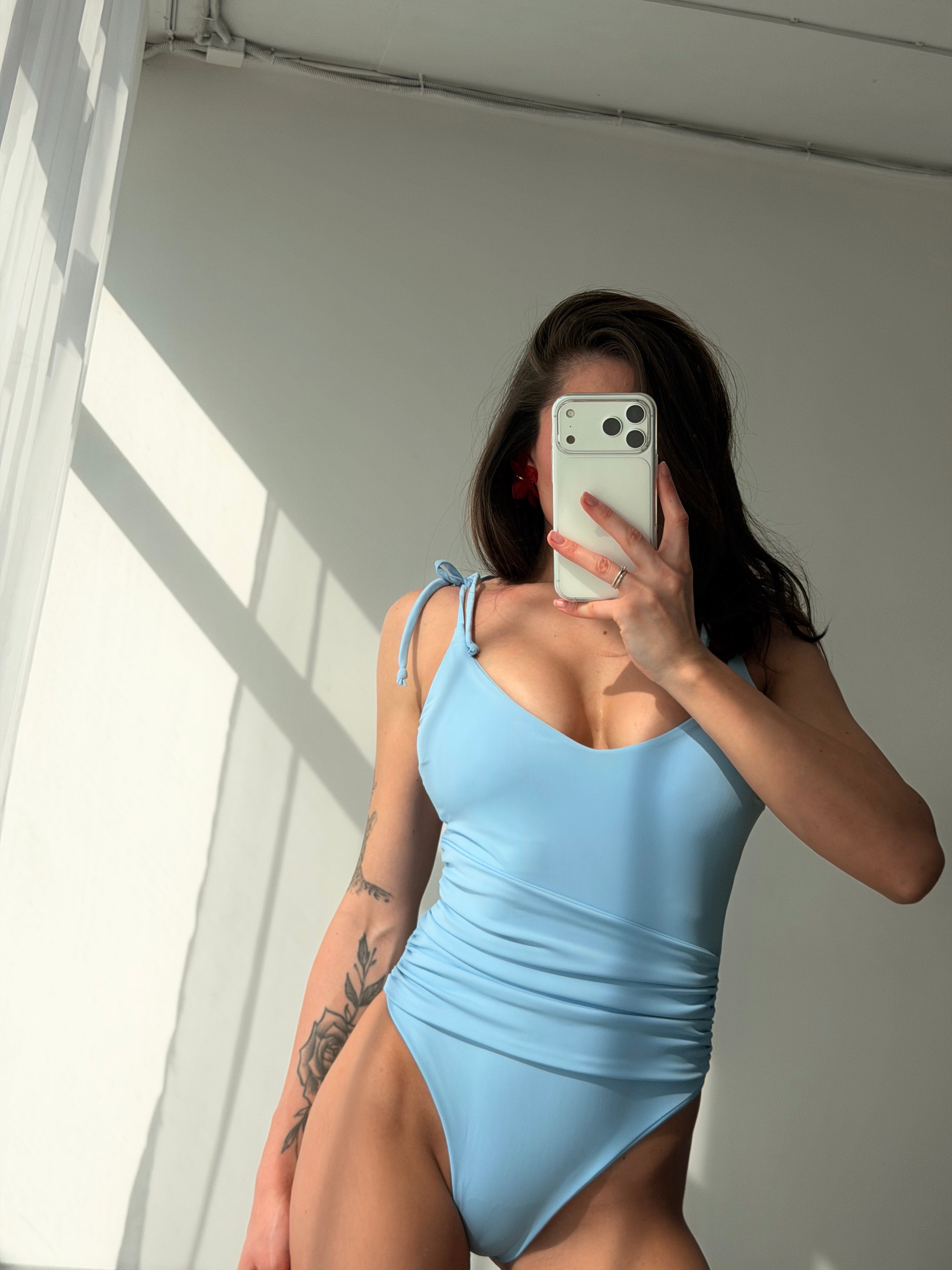 Sahara Plunge Shoulder Tie One Piece in Baby Blue