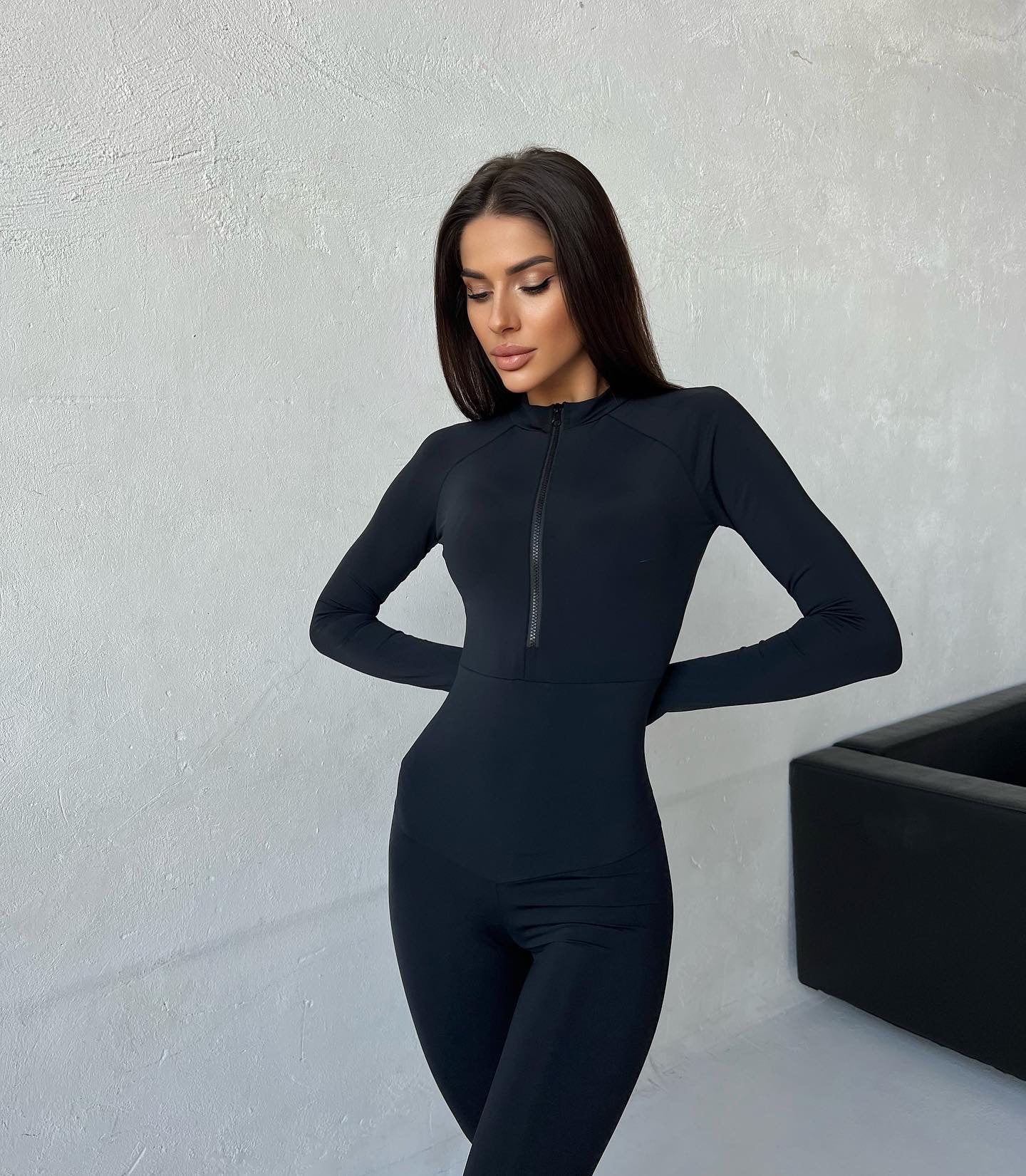 Galaxy Zip Raglan Long Sleeve Thumbhole Jumpsuit in Black