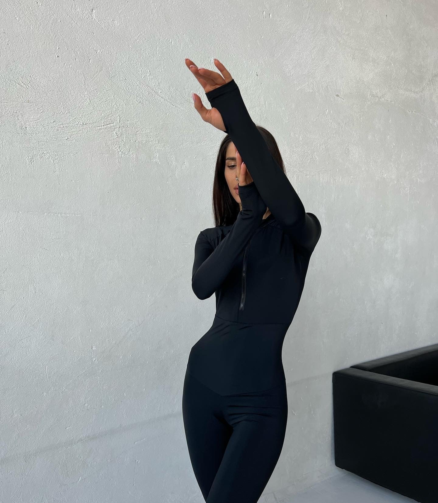 Galaxy Zip Raglan Long Sleeve Thumbhole Jumpsuit in Black