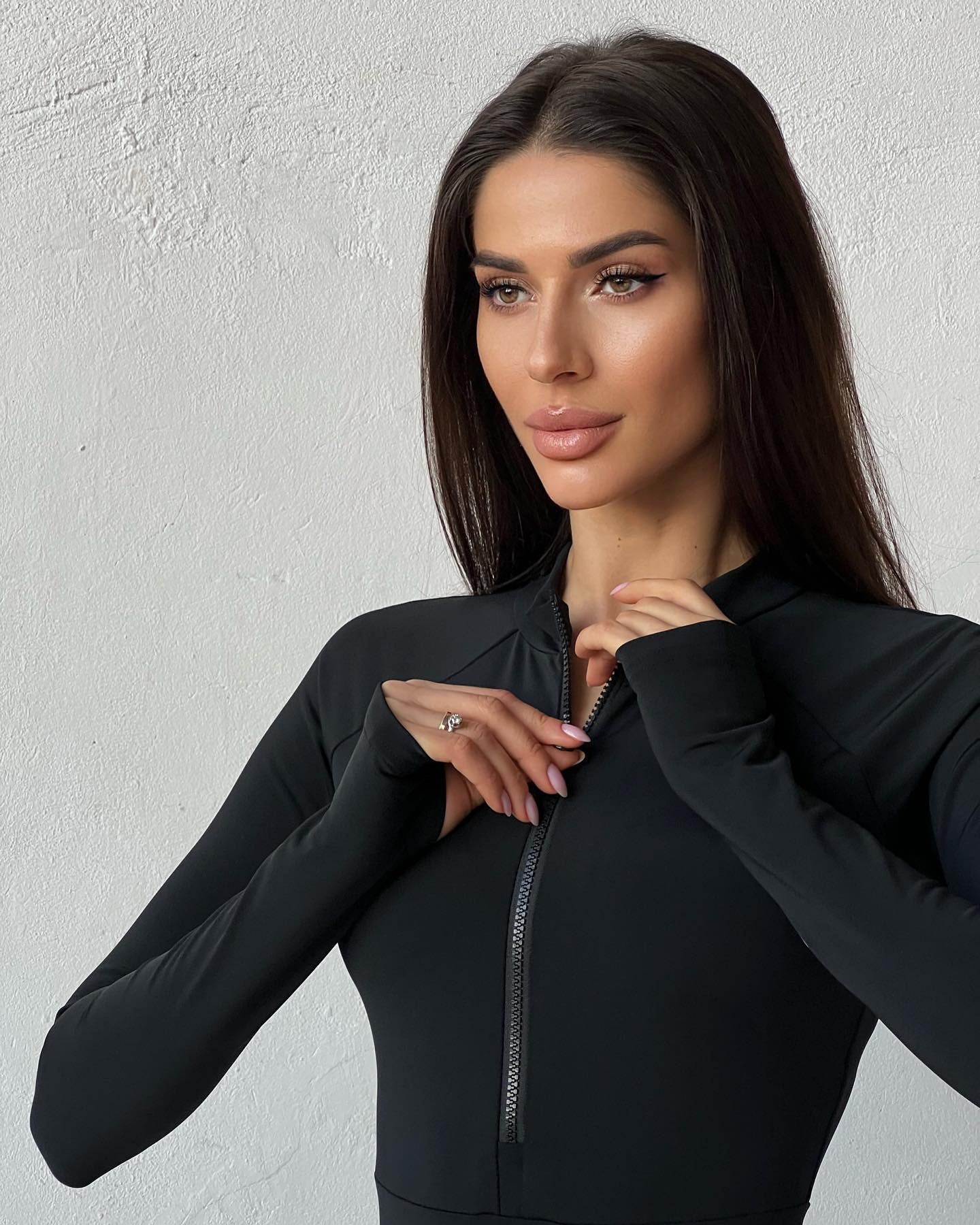 Galaxy Zip Raglan Long Sleeve Thumbhole Jumpsuit in Black
