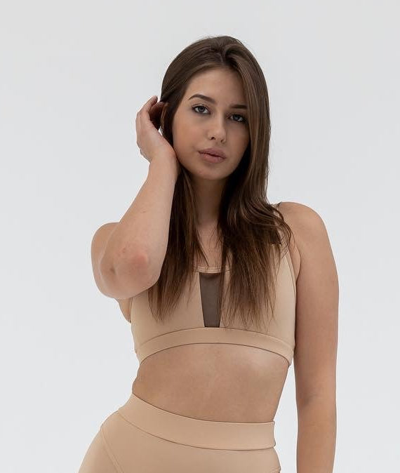 GalaxyX Mesh Insert Sports Bra in Beige & Push Up Contour Seam Bike Shorts in Beige