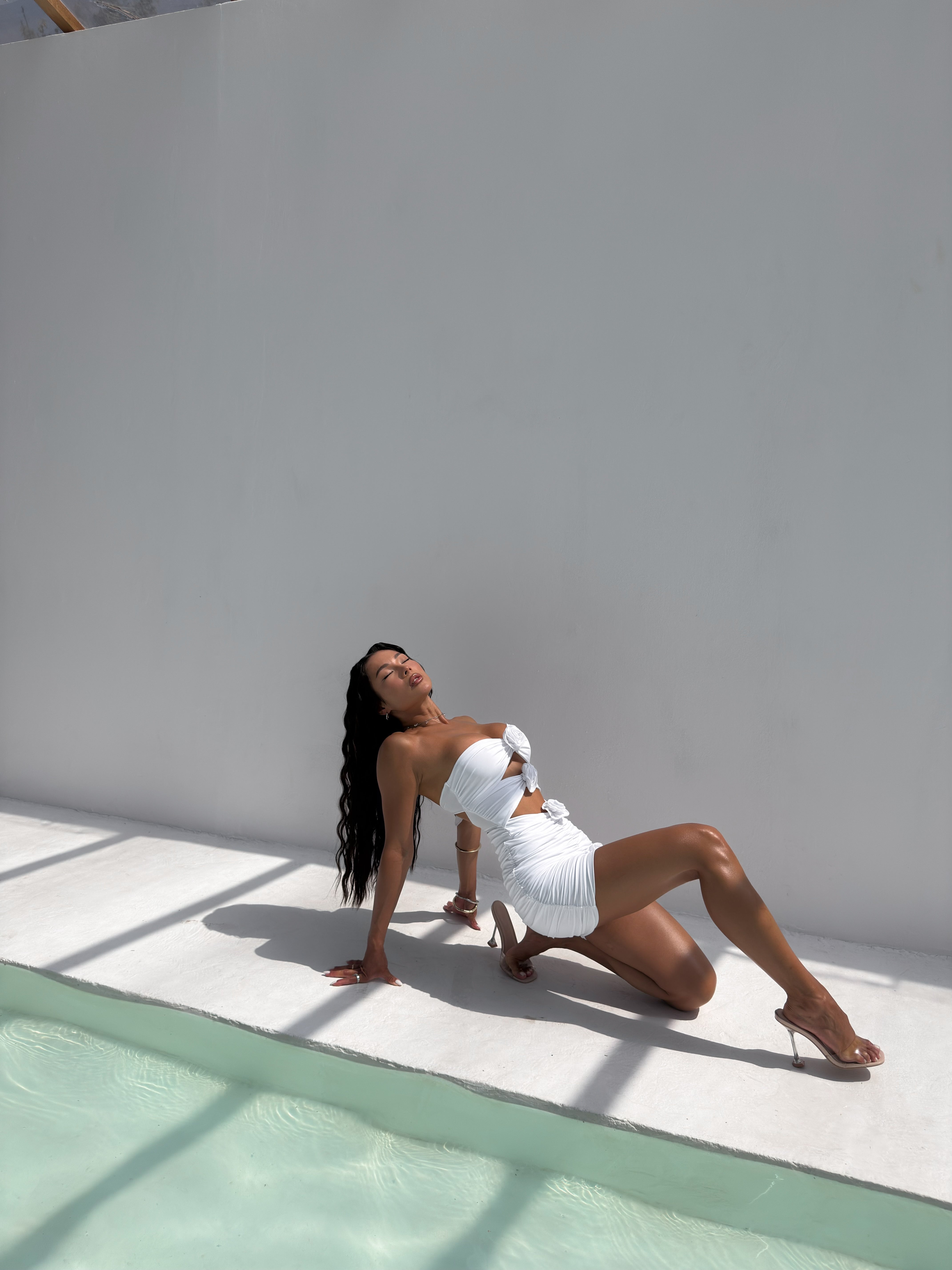 Fleur Ruched Cut Out One Piece with Beach Skirt in White