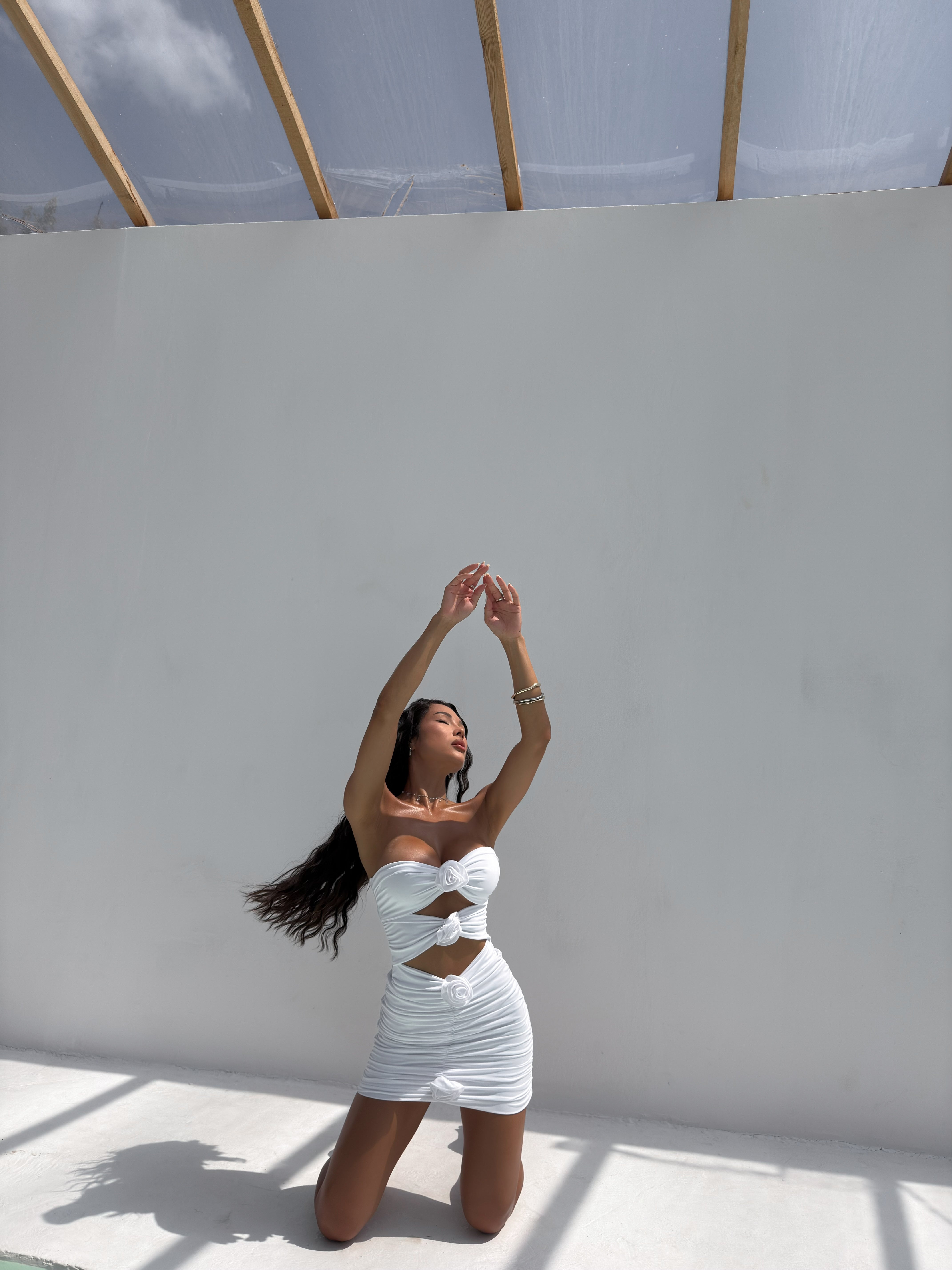 Fleur Ruched Cut Out One Piece with Beach Skirt in White