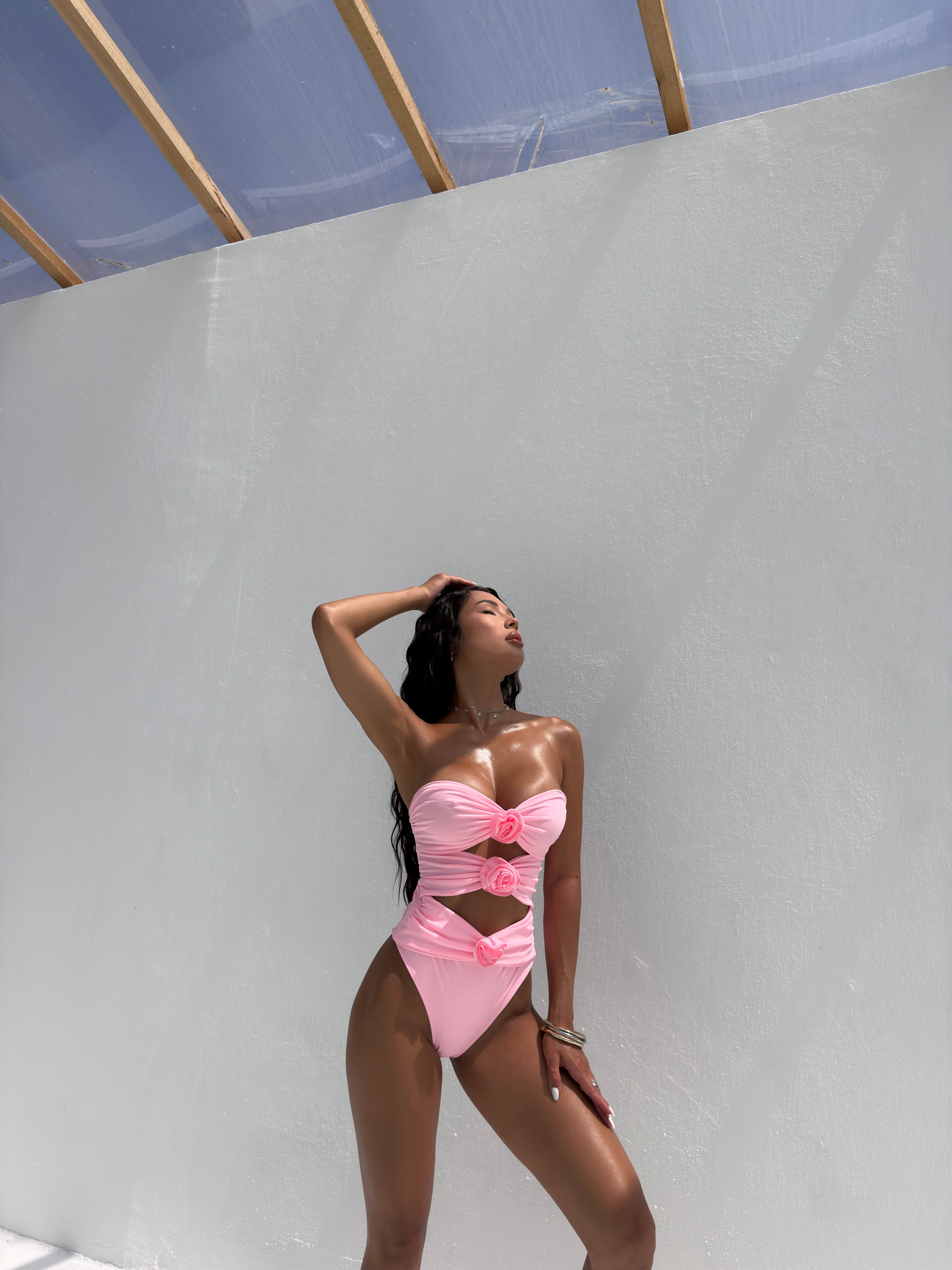 Fleur Ruched Cut Out One Piece with Beach Skirt in Pink