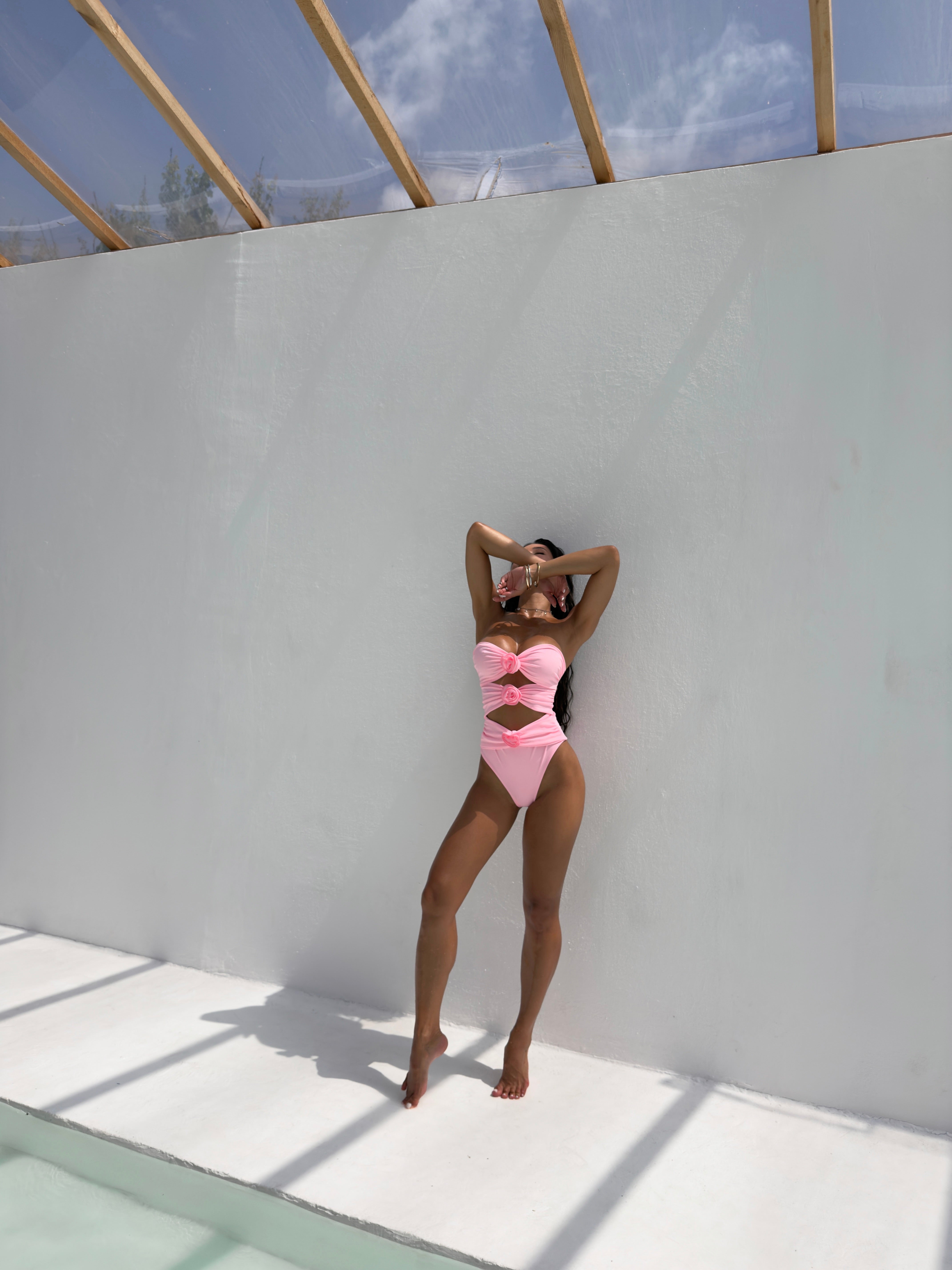 Fleur Ruched Cut Out One Piece with Beach Skirt in Pink