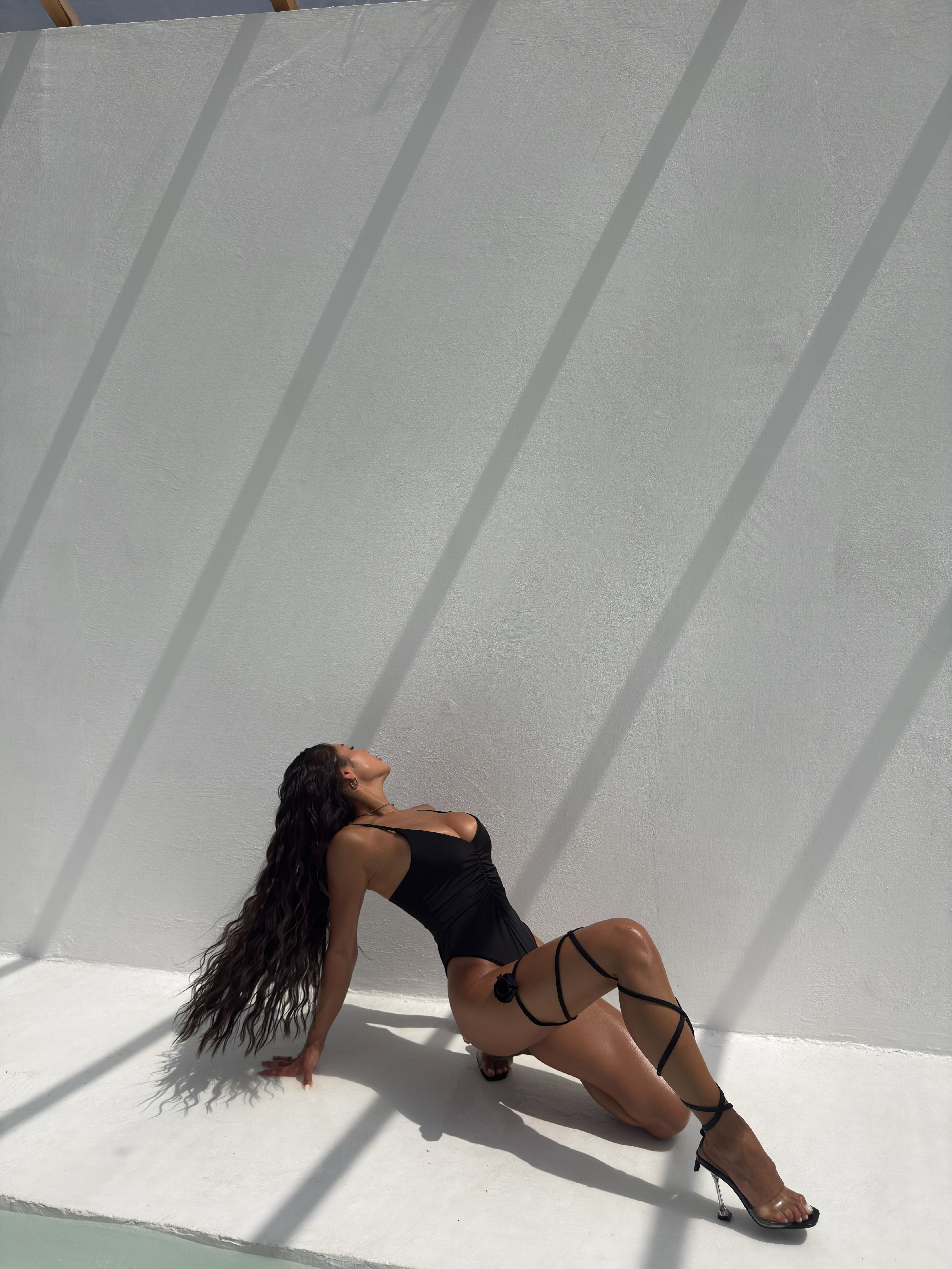 Grand V Neck Ruched Flower Belt One Piece in Black