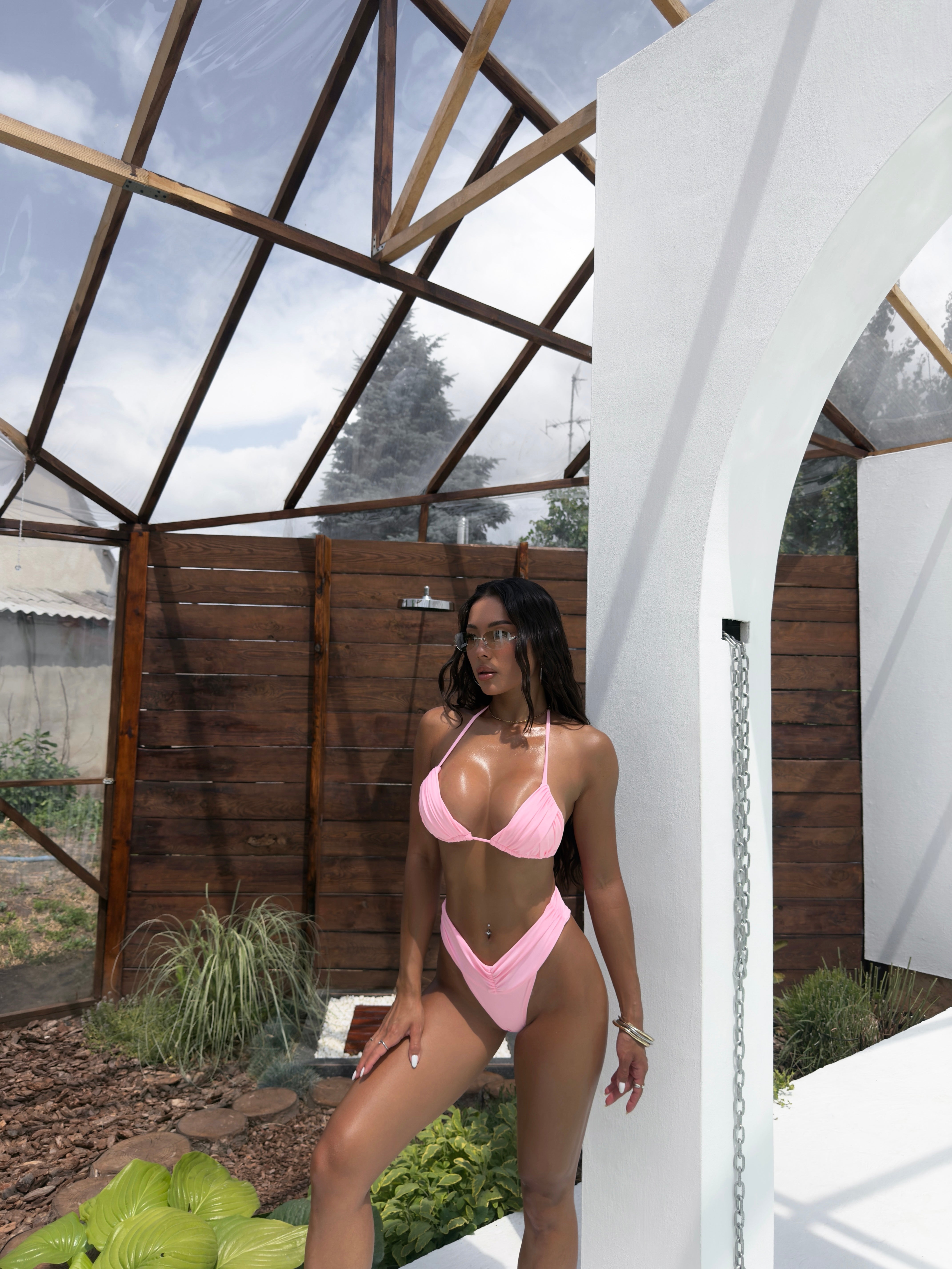 Brazil Triangle V Shape Ruched Bikini Set in Pink