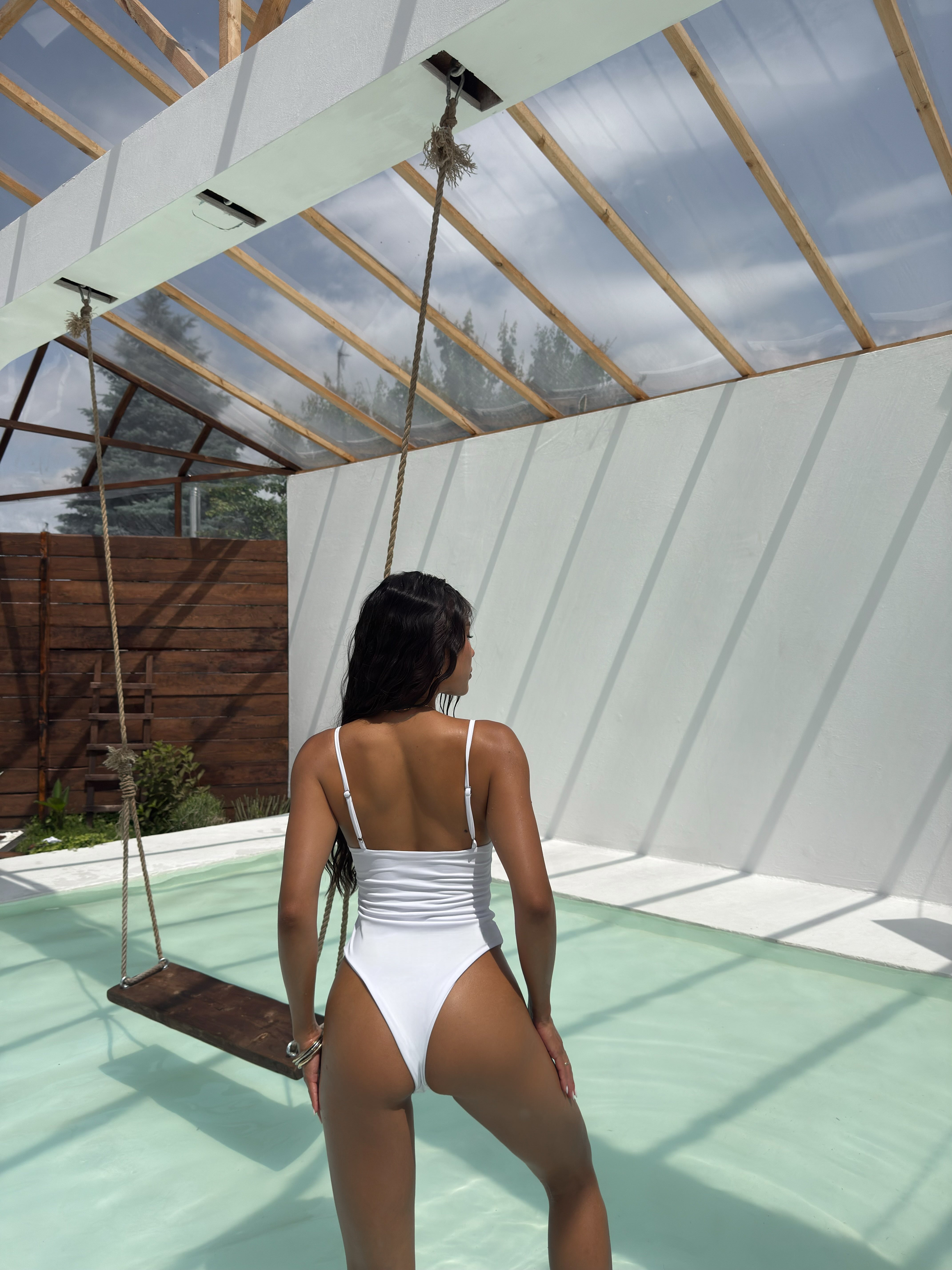 Grand V Neck Ruched Flower Belt One Piece in White