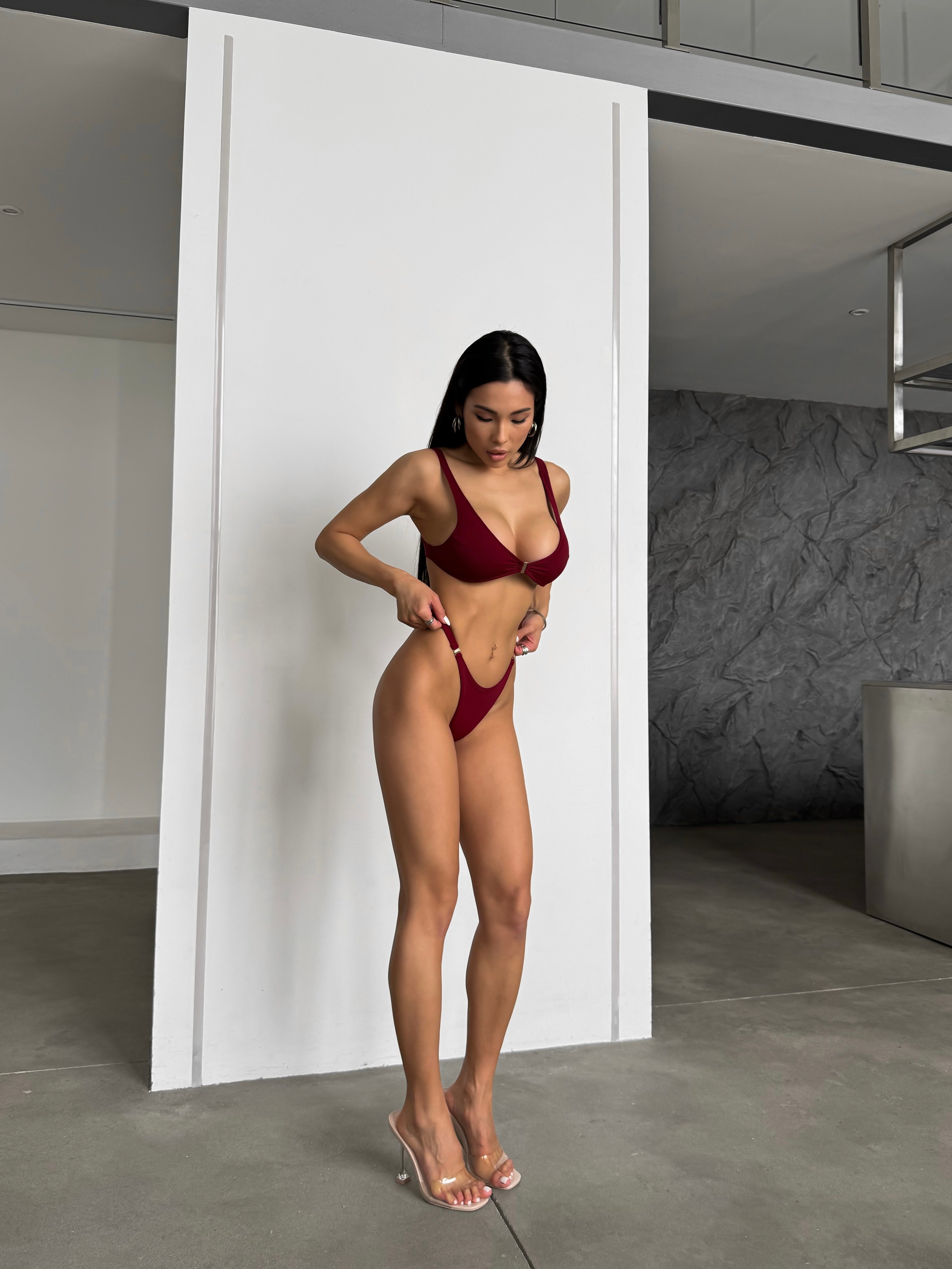 Ecstasy Scoop Neck Metal Detail Bikini Set in Brurgundy