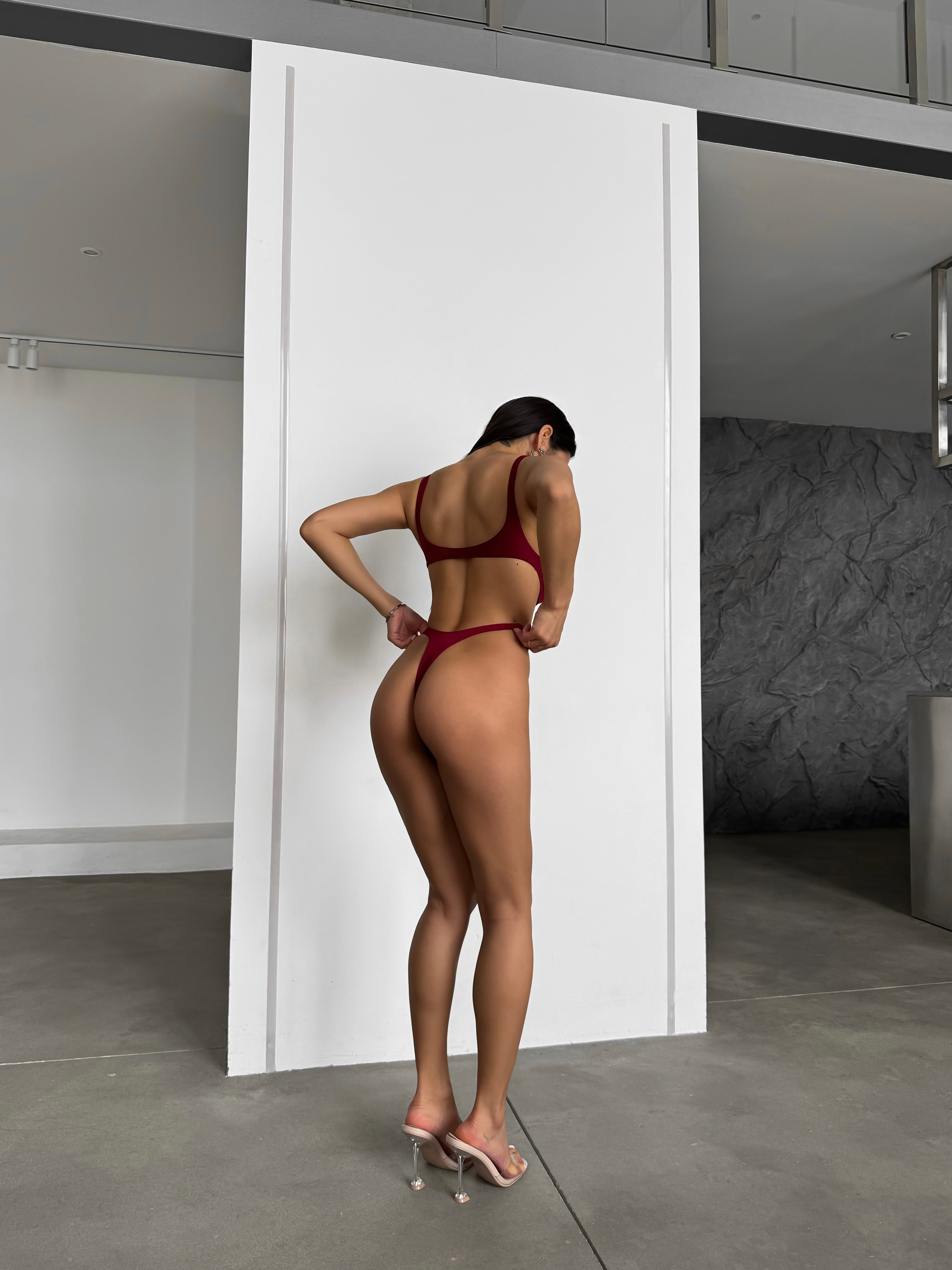 Ecstasy Scoop Neck Metal Detail Bikini Set in Brurgundy