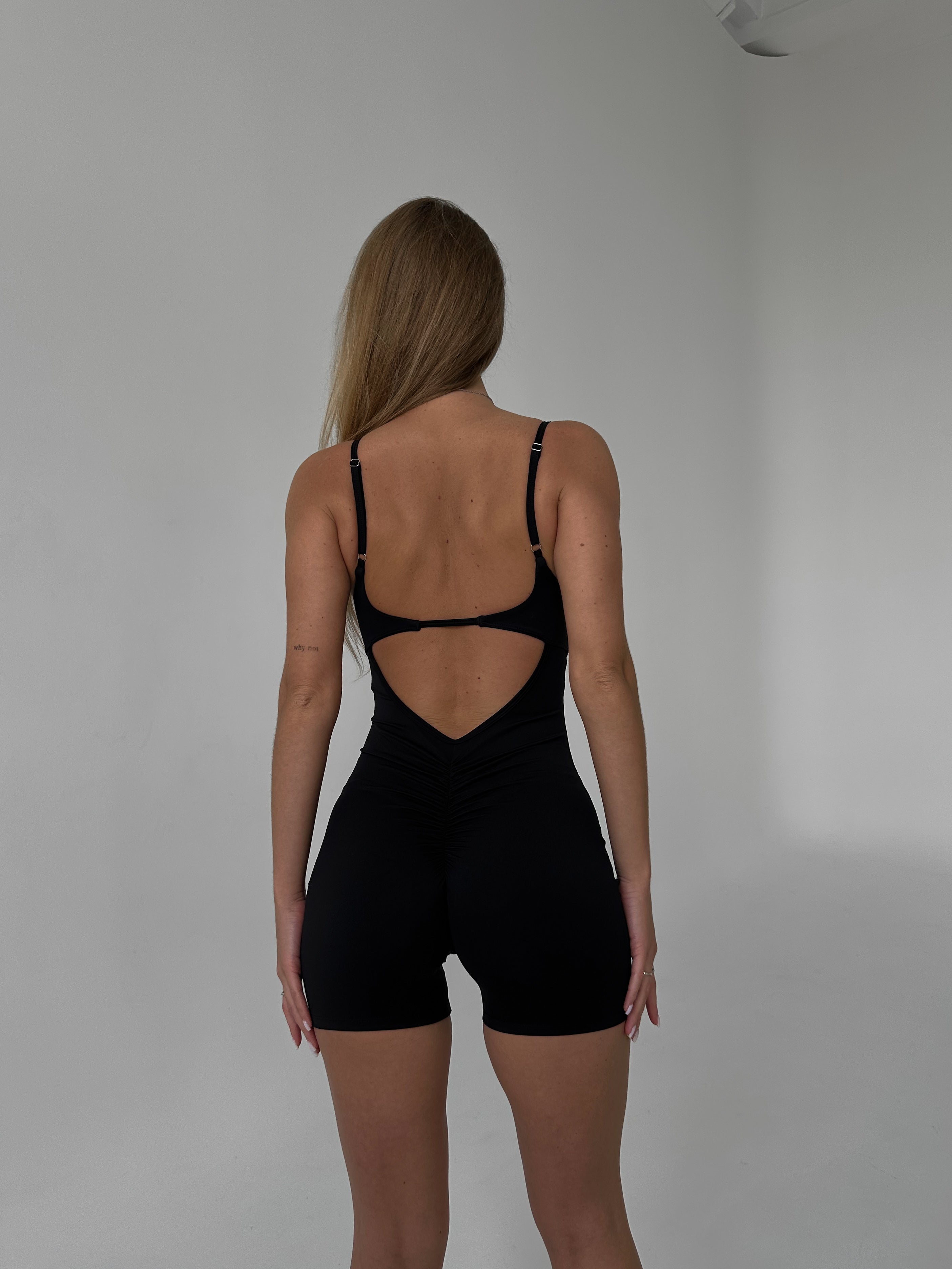 Pantera Open-Back Scrunch Short Jumpsuit in Black